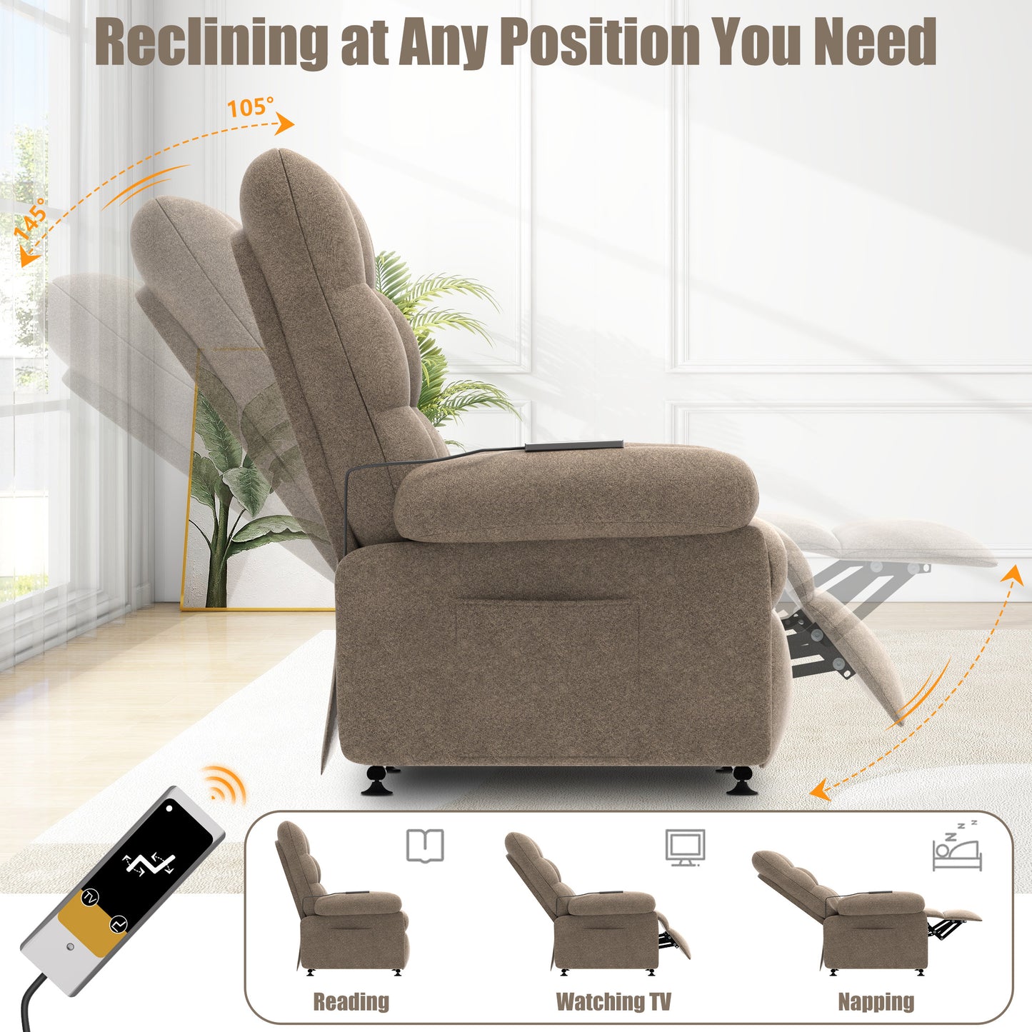 Electric Recliner Chair, PAPROOS Ergonomic Lounge Recliner with Remote Control, Side Pocket, Modern Power Recliner Sofa for Adults Elderly, Single Reclining Sofa for Living Room Home, Grey