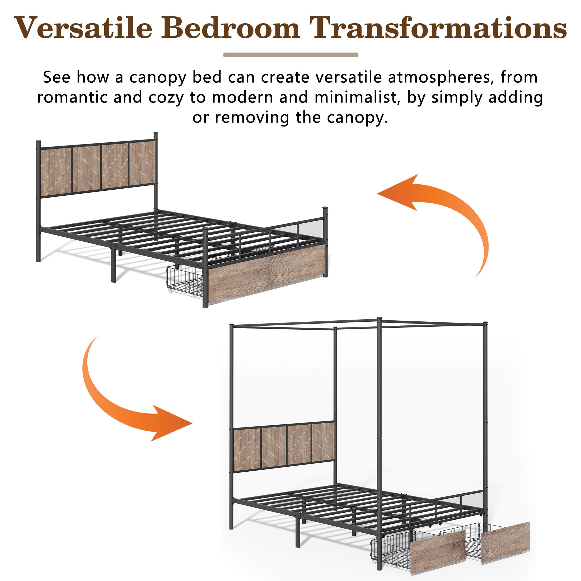 PAPROOS Full Size Canopy Bed Frame, Upholstered Bed Frame with Metal Slats, Metal Platform Bed with 2 Storage Drawers, No Box Spring Needed