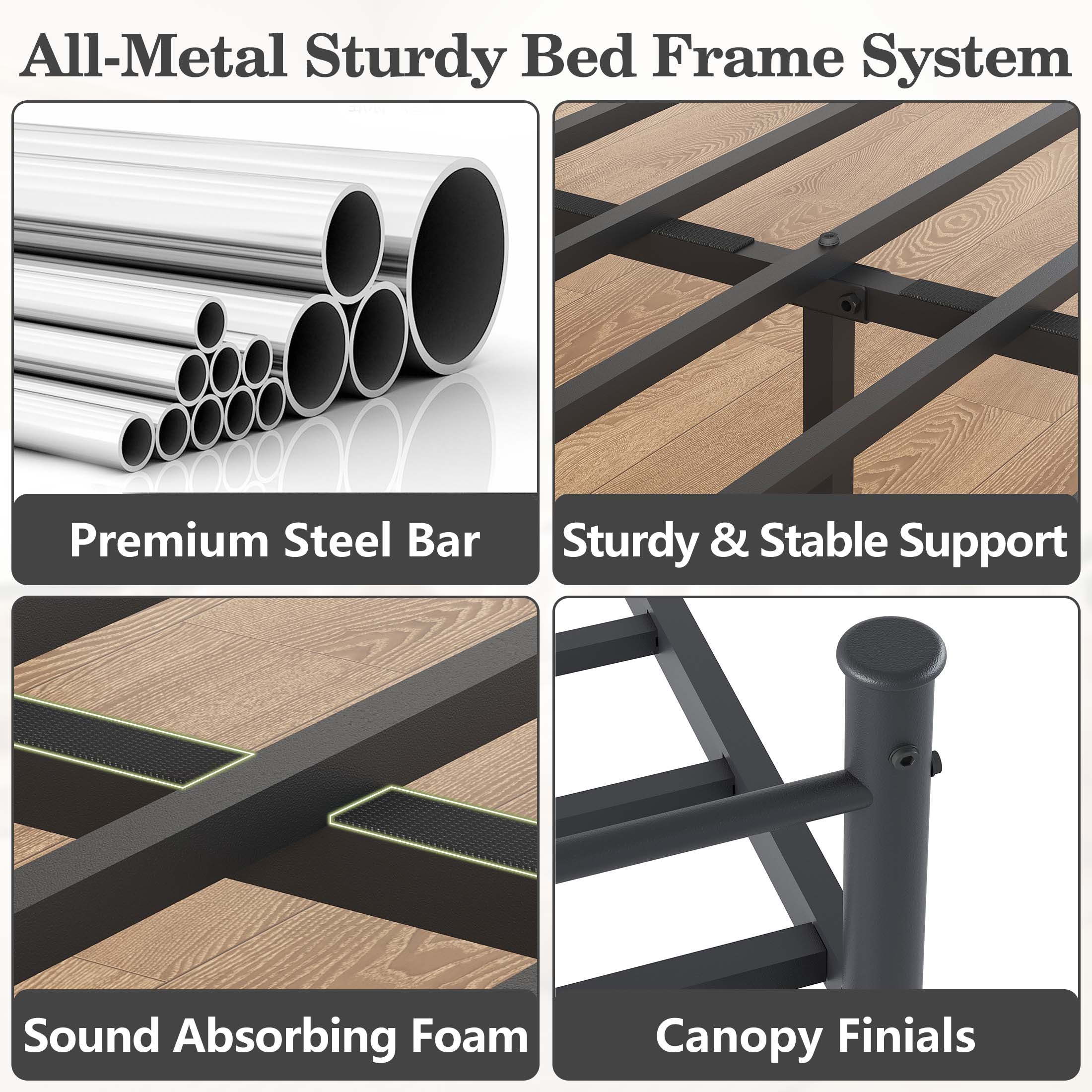 PAPROOS Full Size Canopy Bed Frame, Upholstered Bed Frame with Metal Slats, Metal Platform Bed with 2 Storage Drawers, No Box Spring Needed