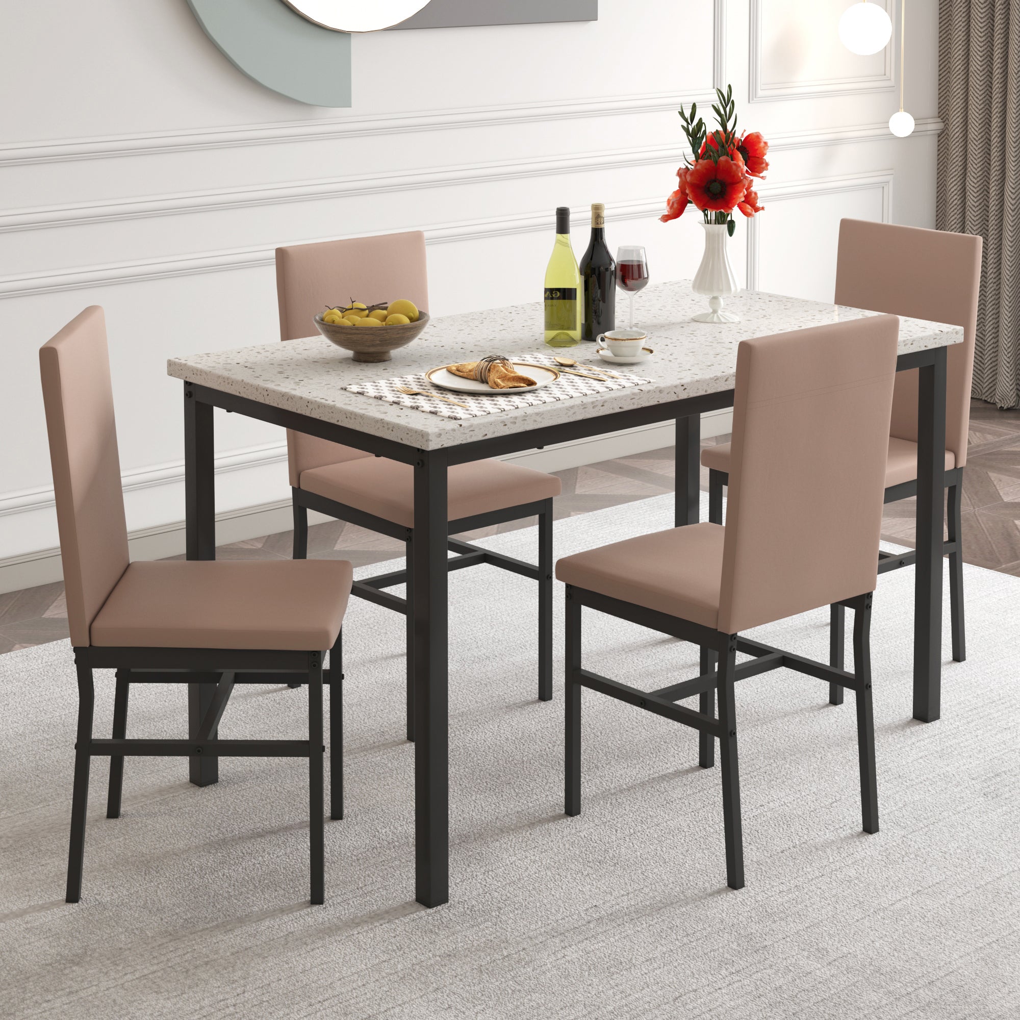 PAPROOS Dining Table Set for 4, Modern 5-Piece Kitchen Table Set with Marble Top and Faux Leather Upholstery Chairs