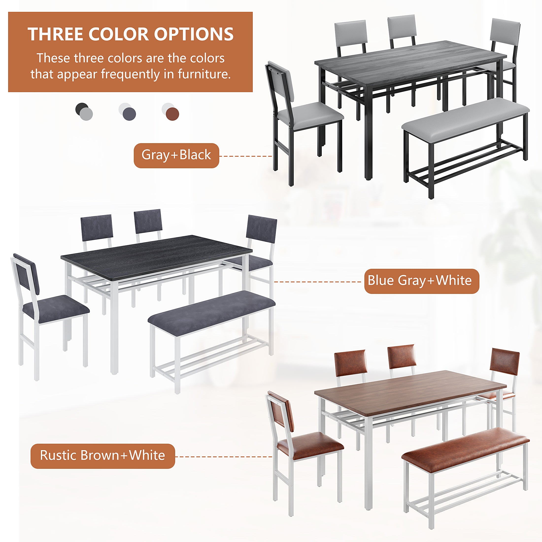 PAPROOS Dining Table Set for 6, 6 Piece Dining Room Set with Wooden Table Top, PU Leather Upholstery Chairs and Bench, Modern Dinette Sets for Big Family, Kitchen Table and Chairs Set, Rustic Brown