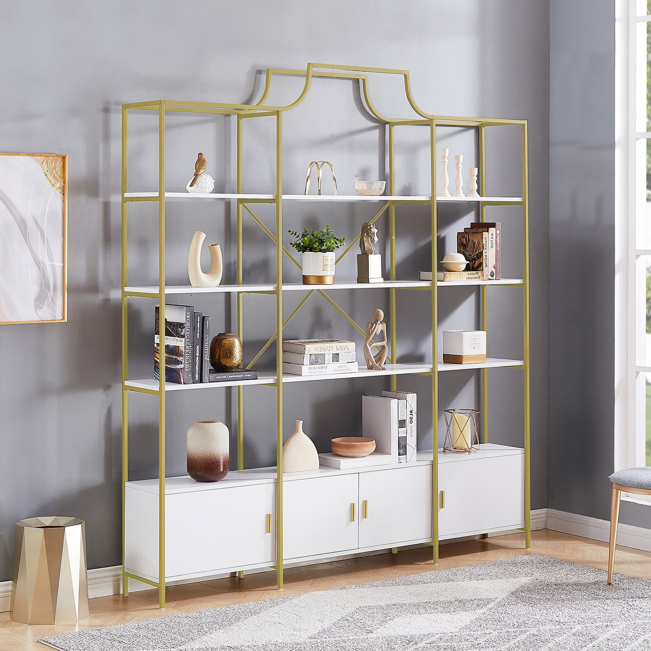 4 Tiers Bookcase Bookshelf with Storage, Modern Tall Display Storage Shelf with X-Bar Frame, Freestanding Etagere Bookcase for Living Room, Bedroom, Home Office, Gold/Whitevvvvvvvvvvvvvvvvvvvvvvvvvvvvv