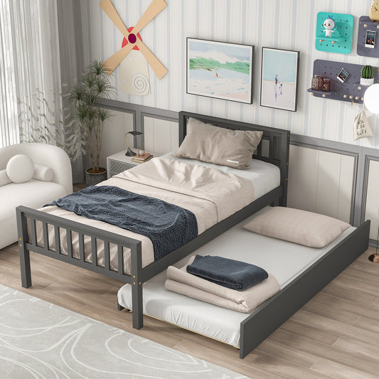 Paproos Twin Size Wood Platform Bed with Trundle, LJC