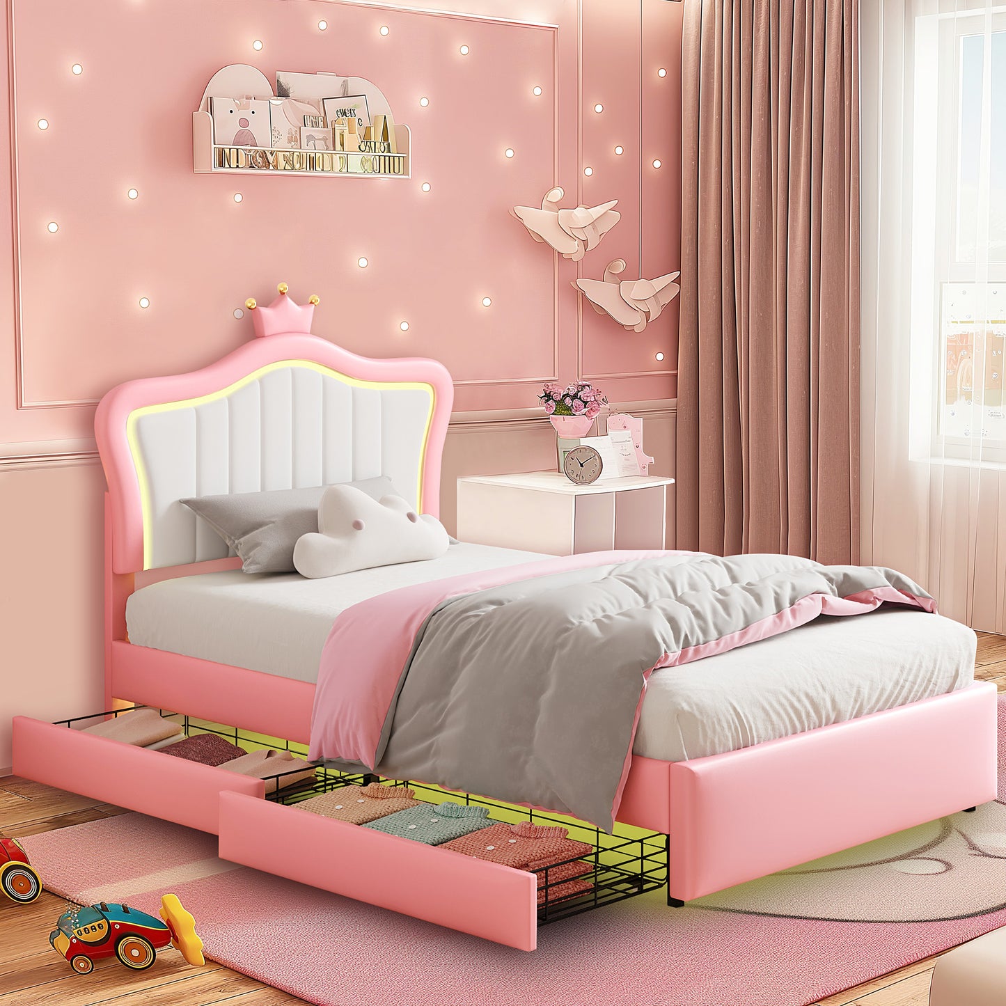 Twin Size Led Bed with Drawers, Upholstered Twin Bed Frame with Adjustable Headboard, Cute Pink Princess Bed with Crown Design for Girls, LED Twin Frame with Storage