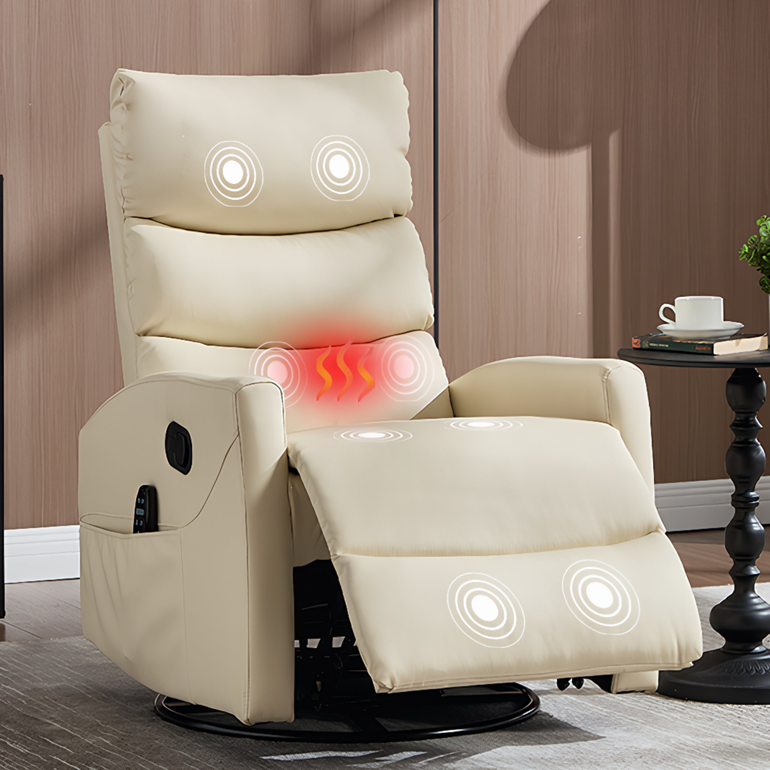 PAPROOS Rocker Recliner with Heat Therapy and Massage, PU Leather 360°Swivel Rocker Recliner, Rocking Chair for Nursery, Small Rocking Recliner, Manual Recliner for Home Theater Living Room
