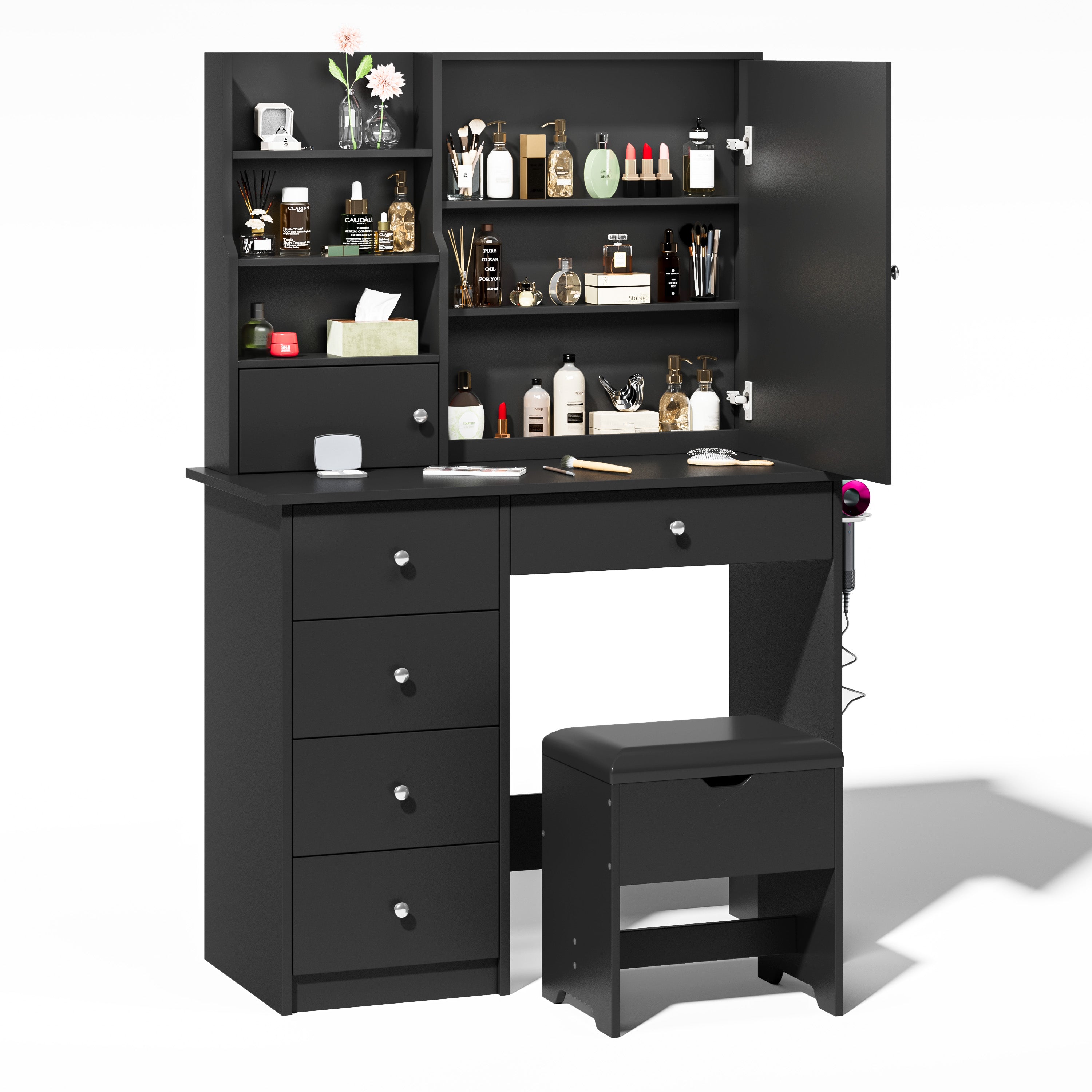 Paproos Vanity Set with Mirror and Stool, Wood Women Girls Makeup Vanity Desk with Charging Station, 3 Color LED Lights, Modern Dressing Table with Drawers, Storage Shelves, Hair Dryer Rack, White
