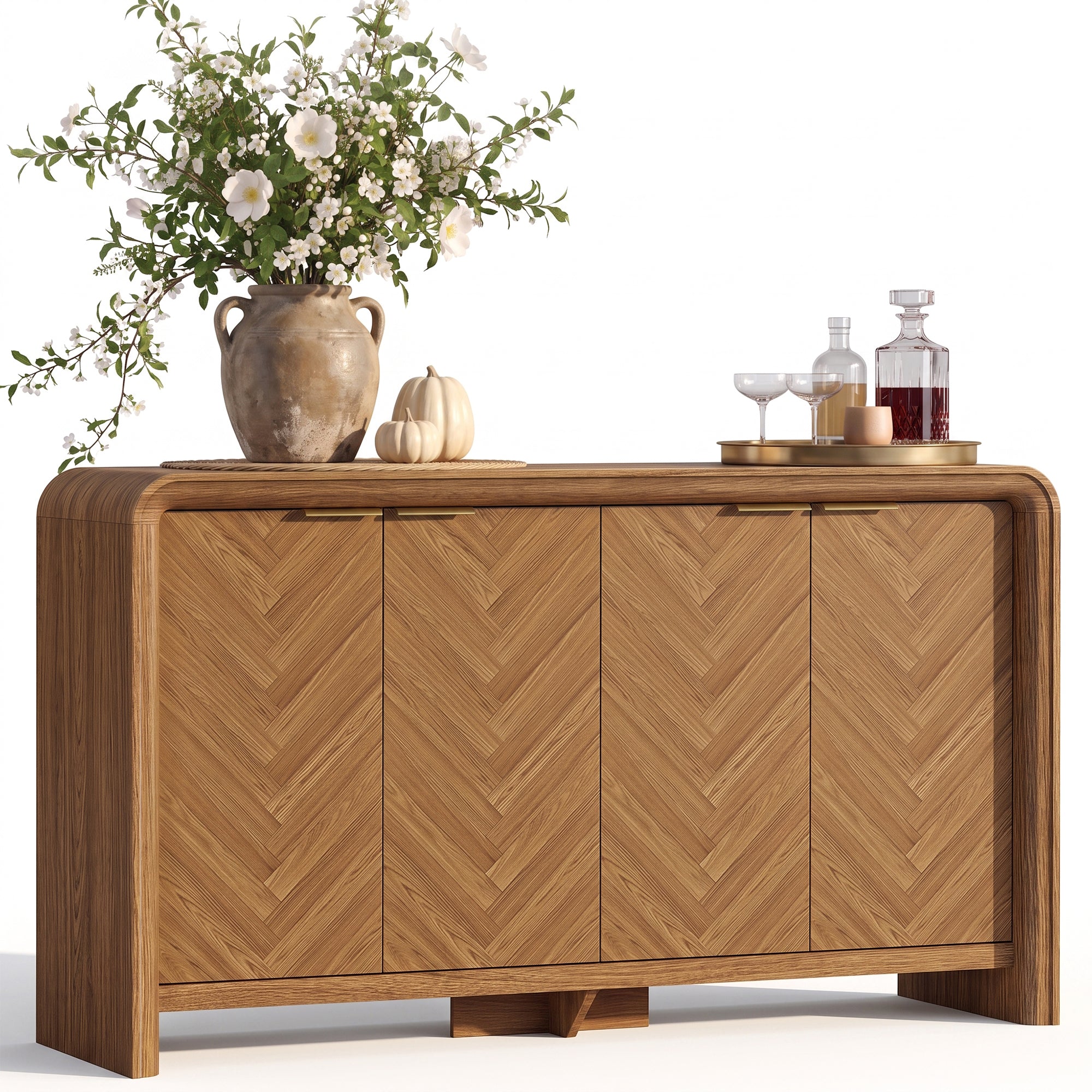 PAPROOS 55" Sideboard Buffet Cabinet with Storage, 4-Door Herringbone Wood Credenza with Adjustable Shelves, Walnut Accent Cabinet for Dining Room, Living Room, Entryway