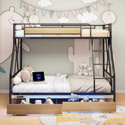 PAPROOS Bunk Bed Twin Over Full, Bunk Bed for Kids with Drawers, Ladder, Guard Rails, USB Charging Station, Metal Bunk Bed Frame for Teens Adults for Bedroom Dorm Room,No Box Spring Needed, Black