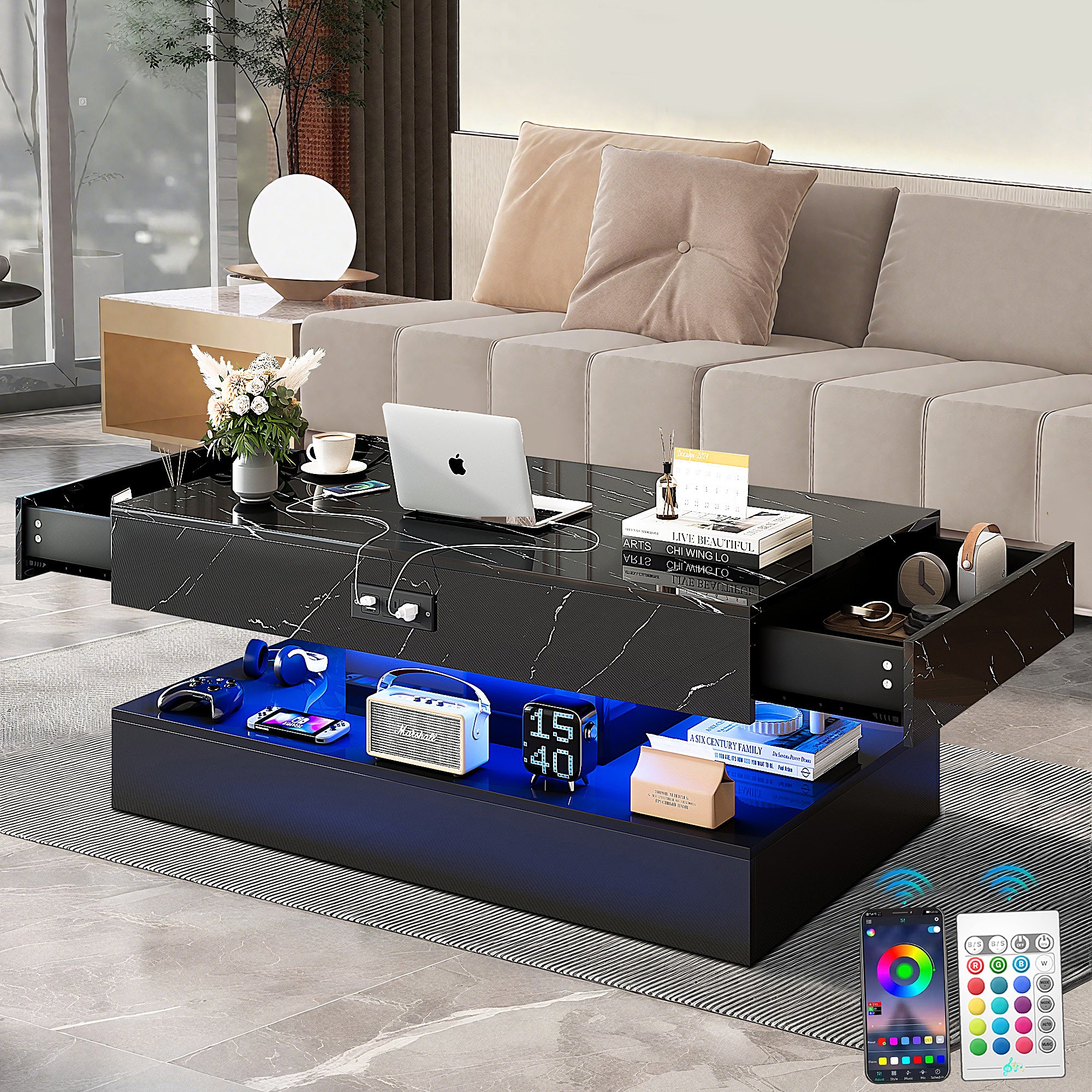 PAPROOS LED Black Coffee Table, Black/White