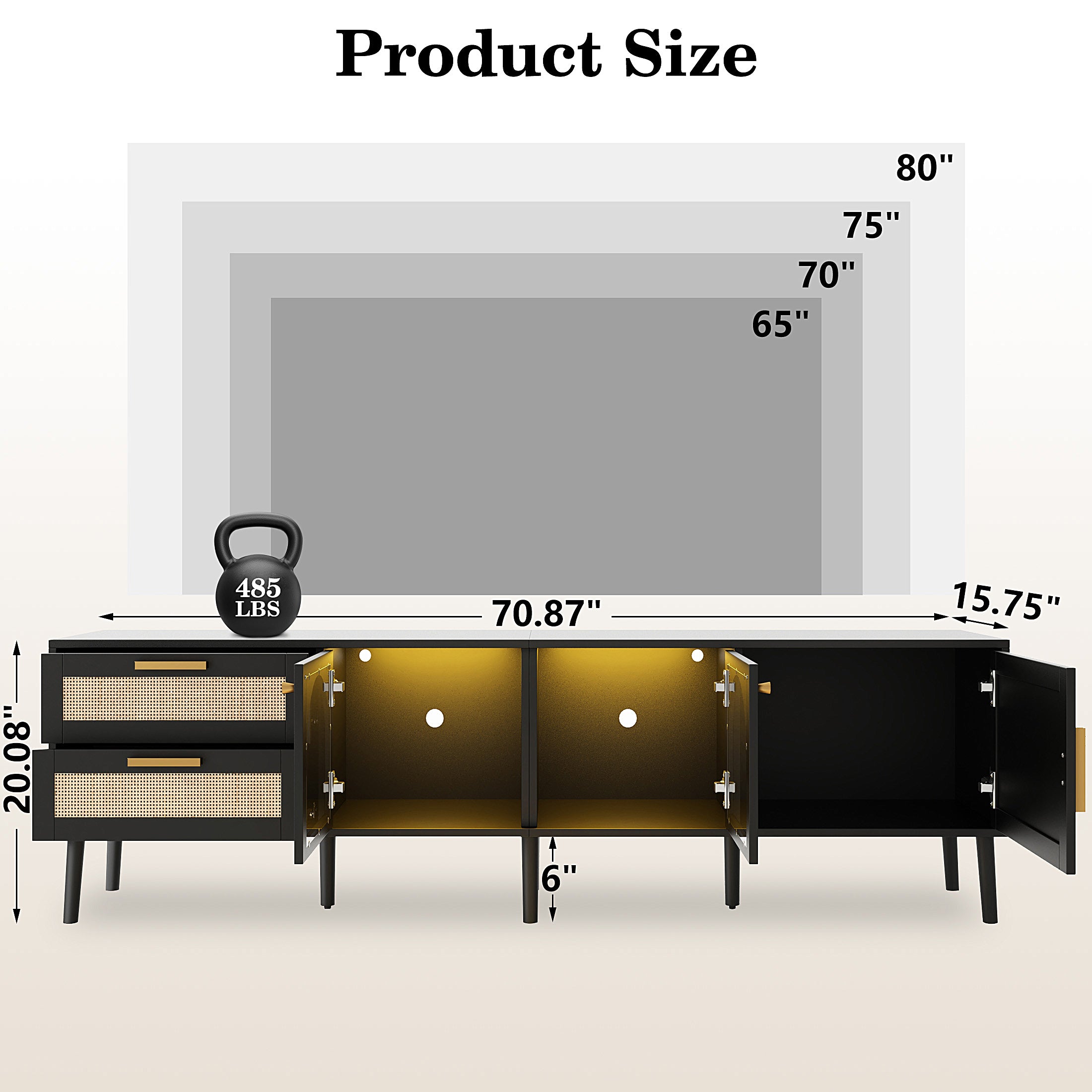 LED TV Stand for TVs up to 80'' with LED Lights, 70" Large Entertainment Center with 2 Drawers and 3 Cabinets, Media Console Table for Living Room with Cable Management, Black