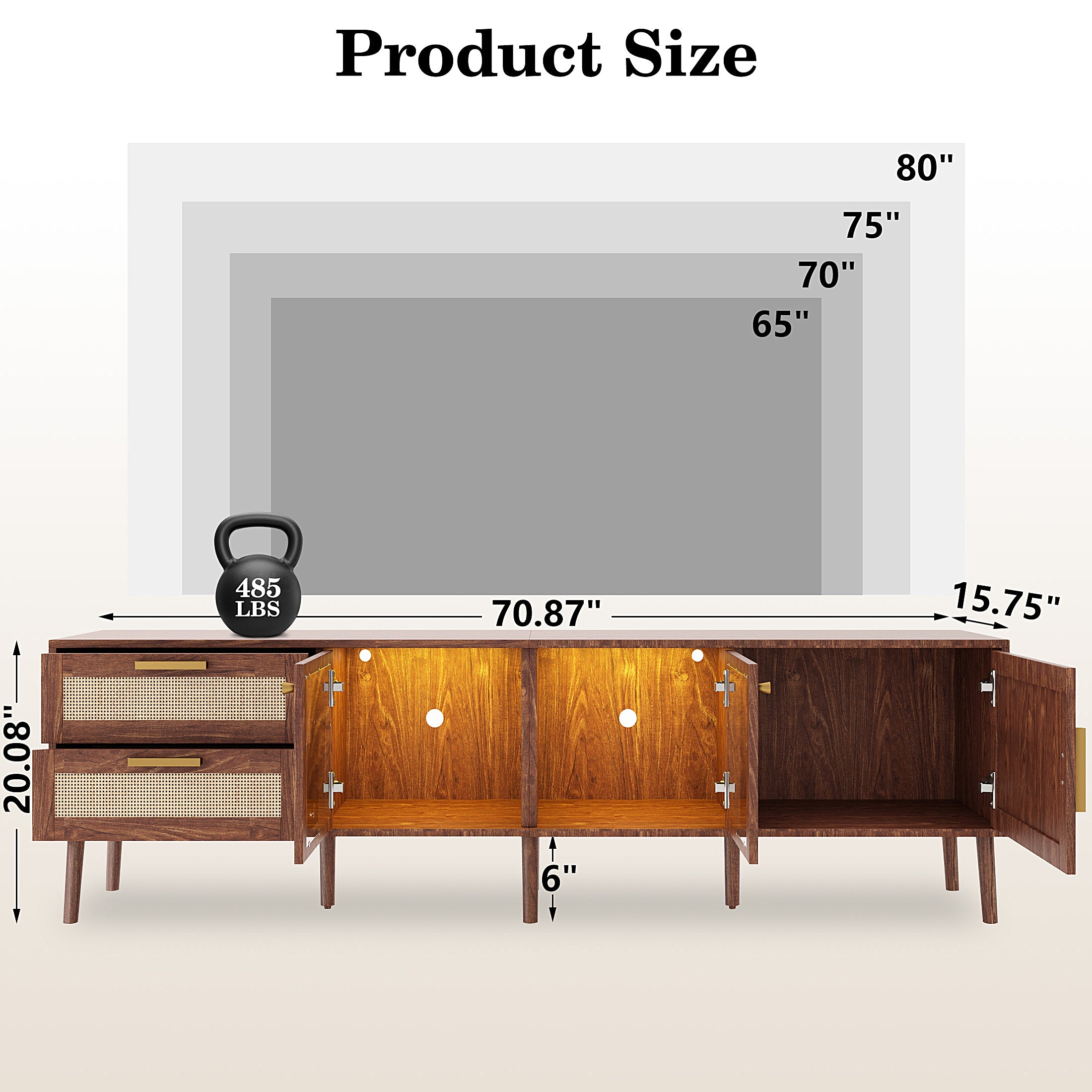 LED TV Stand for TVs up to 80'' with LED Lights, 70" Large Entertainment Center with 2 Drawers and 3 Cabinets, Media Console Table for Living Room with Cable Management, Brown