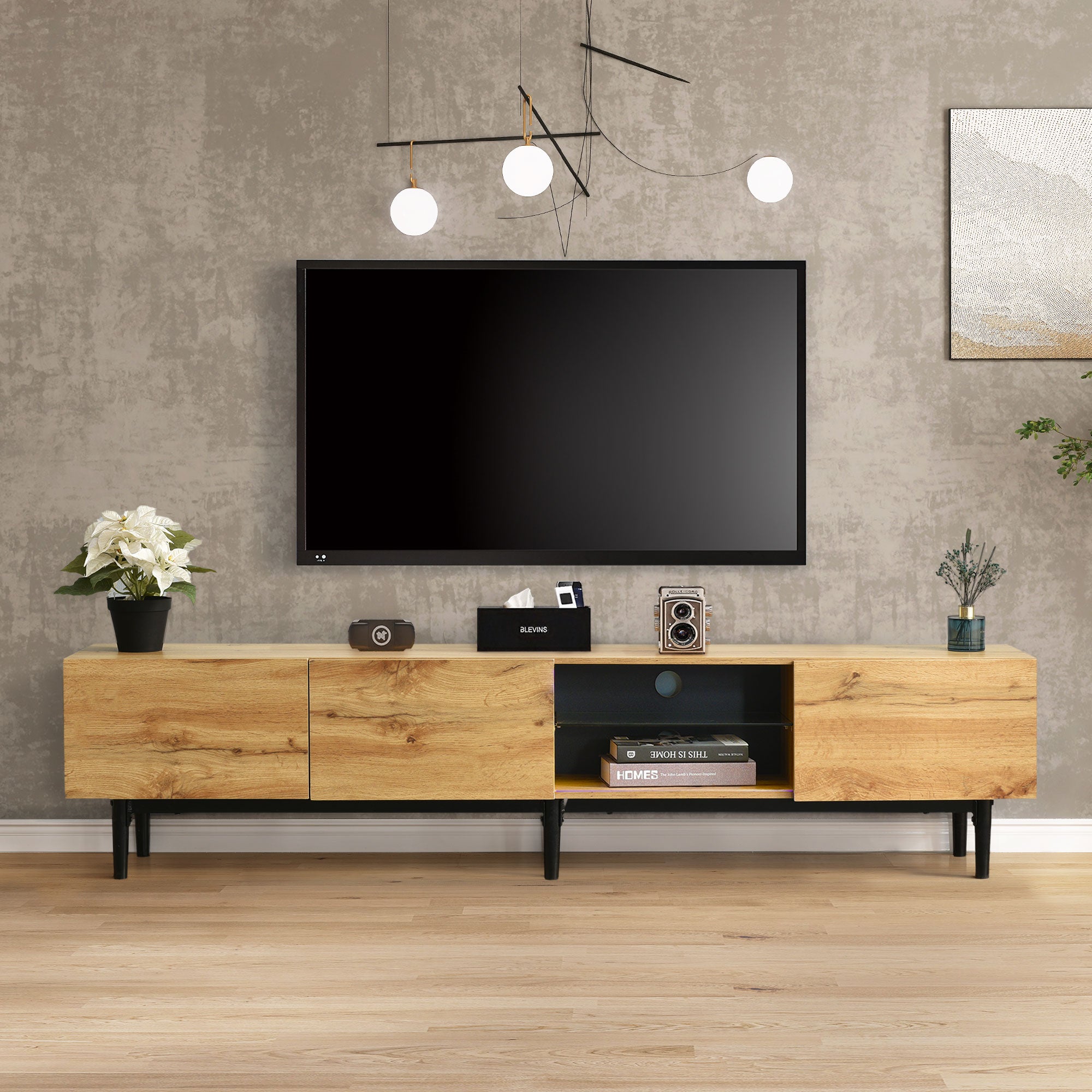 PAPROOS TV Stand for 75 Inch TV, Modern Farmhouse TV Cabinet with LED Light, Living Room Media Console Table with 3 Storage Cabinets and 2 Drawers, Entertainment Center for 70-80 Inches TV, Black