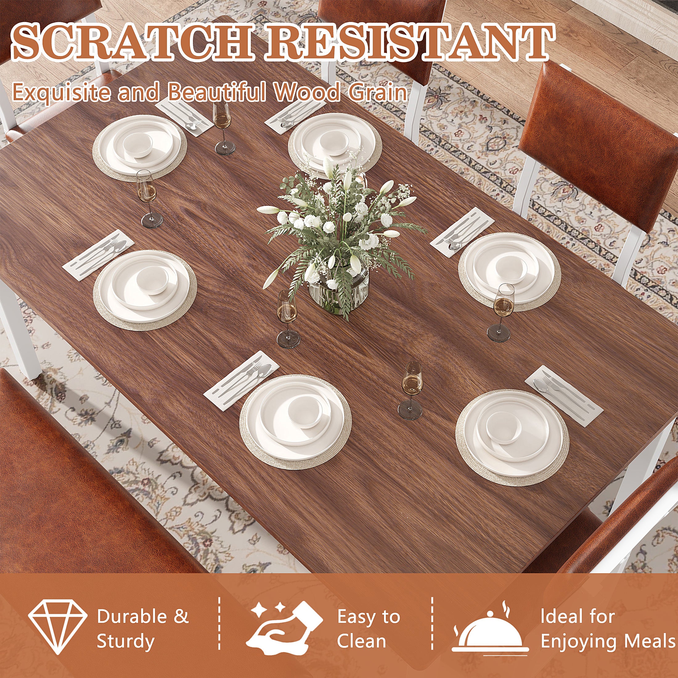 PAPROOS Dining Table Set for 6, 6 Piece Dining Room Set with Wooden Table Top, PU Leather Upholstery Chairs and Bench, Modern Dinette Sets for Big Family, Kitchen Table and Chairs Set, Rustic Brown
