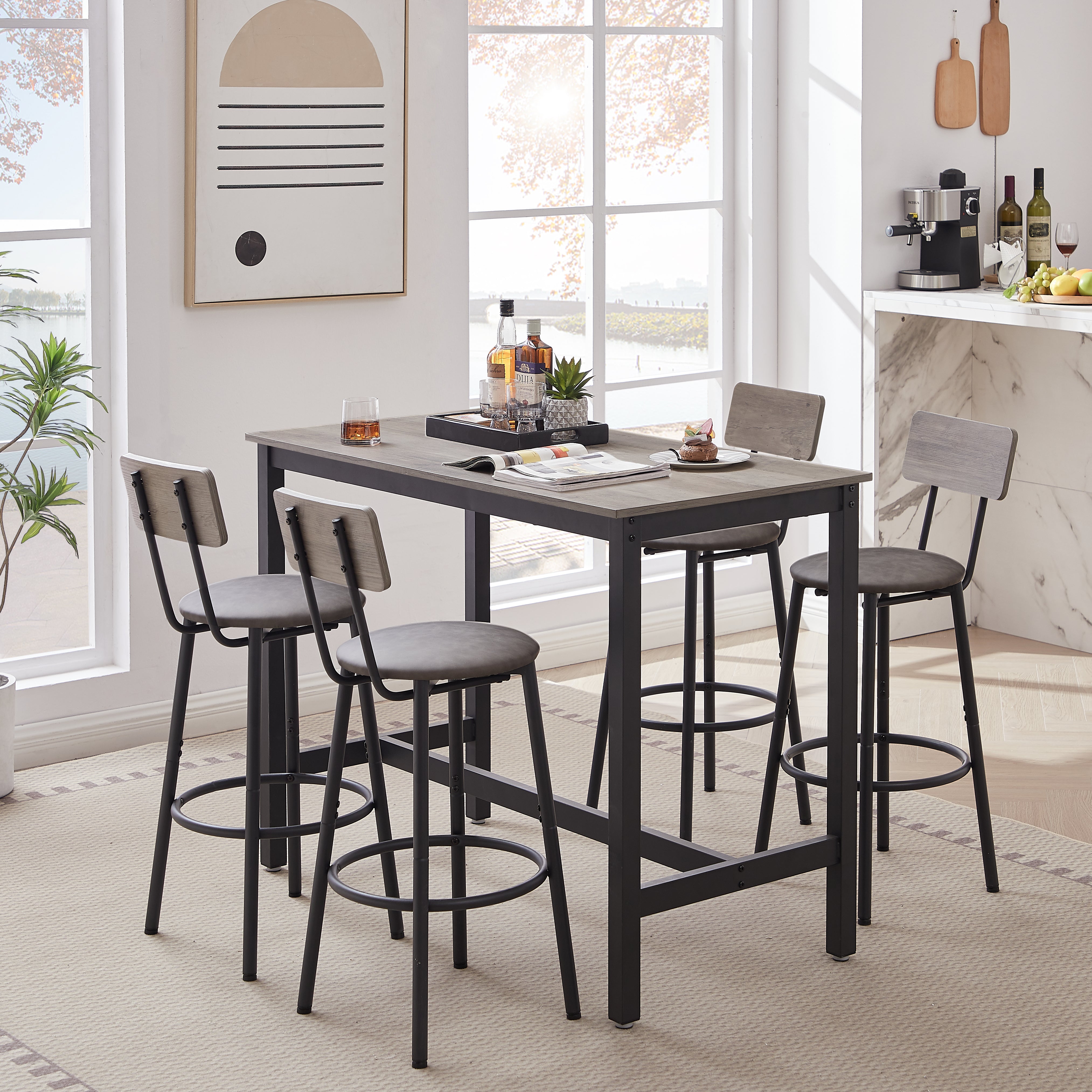 Counter Height Dining Set for 4, 5 Piece Dining Room Set with 4 Stools, Modern Dinette Set for 4, Pub Dining Table & Chairs Set for 4 Persons, Bar Dining Room Set for Small Spaces, White