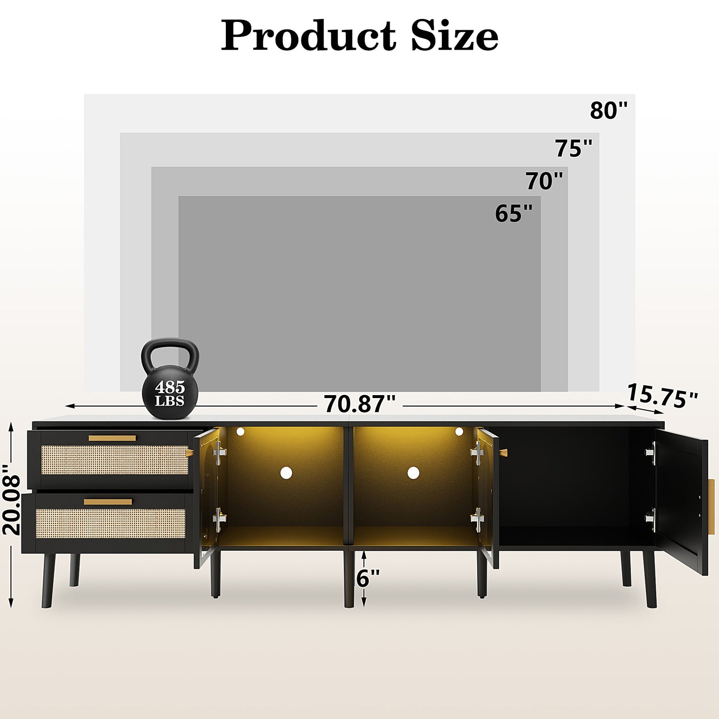 PAPROOS TV Stand for 75 Inch TV, Modern Farmhouse TV Cabinet with LED Light, Living Room Media Console Table with 3 Storage Cabinets and 2 Drawers, Entertainment Center for 70-80 Inches TV, Black