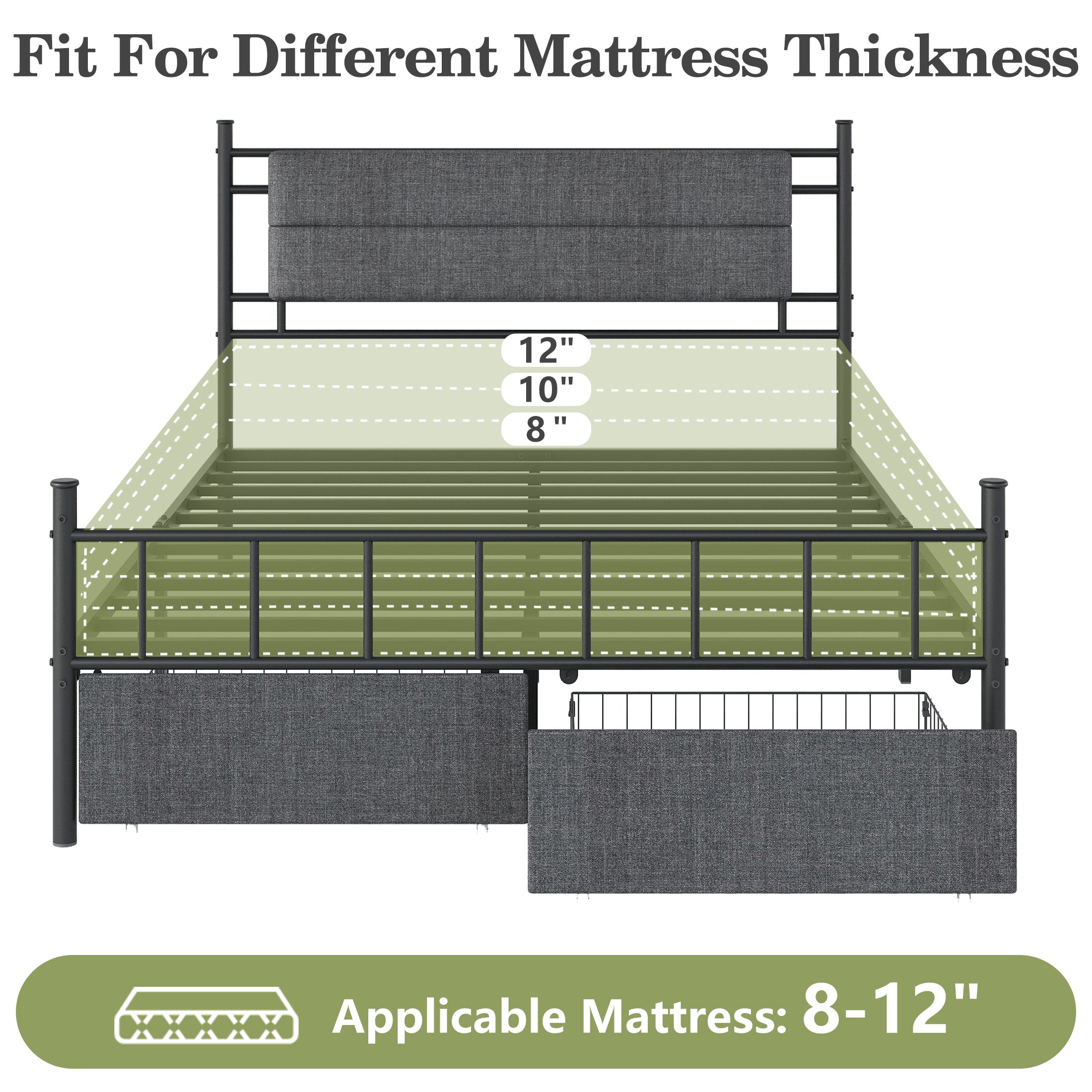 PAPROOS Full Size Canopy Bed Frame, Upholstered Bed Frame with Metal Slats, Metal Platform Bed with 2 Storage Drawers, No Box Spring Needed