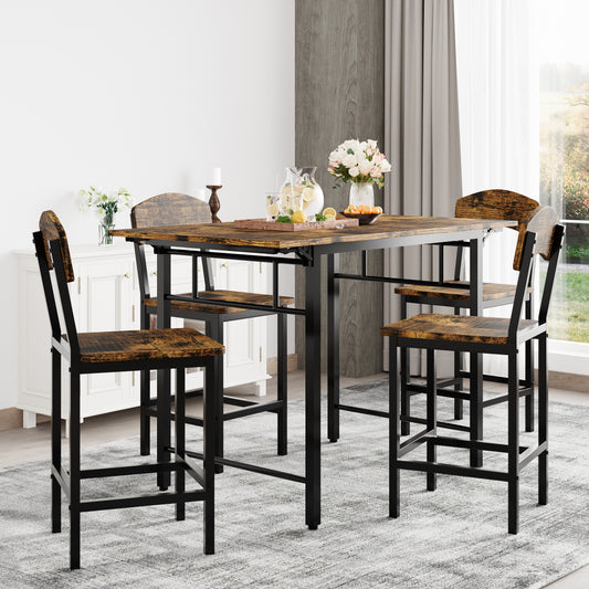 Dining Table Set for 4, 5 Piece Counter Height Dining Set, Drop Leaf Pub Table Sets with Chair, Wood Tabletop Bar Height Kitchen Table Set, for Breakfast Nook, Dining Room, Brown