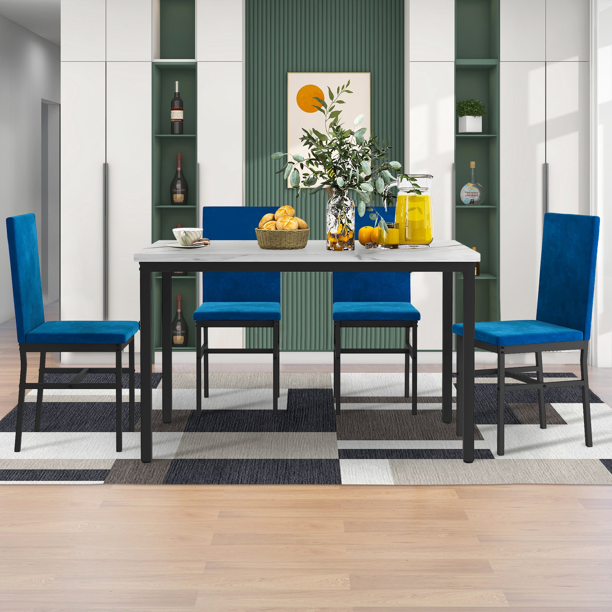 PAPROOS Dining Table Set for 4, Modern 5-Piece Kitchen Table Set with Marble Top and Faux Leather Upholstery Chairs