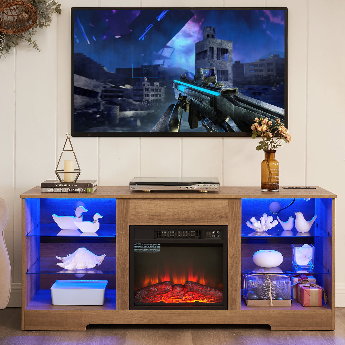 PAPROOS Fireplace TV Stand for 65 Inch TV, Farmhouse TV Stand with with 18 Inch Electric Fireplace, Entertainment Center with Charging Station, TV Console Table TV Cabinet for Living Room