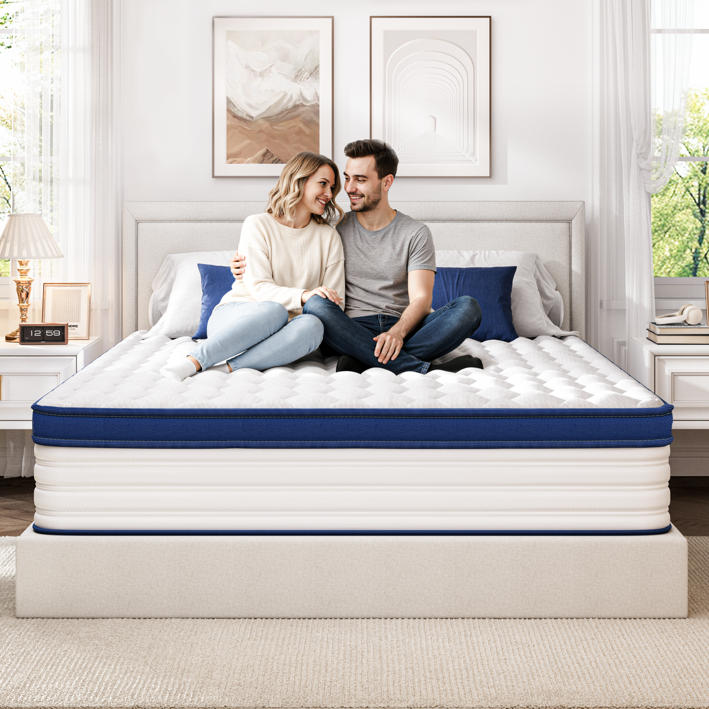 Twin Mattress, PAPROOS 12" Memory Foam Hybrid Mattress in a Box, Cool Individual Pocket Spring Mattress with Breathable Knitted Fabric Cover, Twin Size Medium Firm Mattress, CertiPUR-US, White/Blue