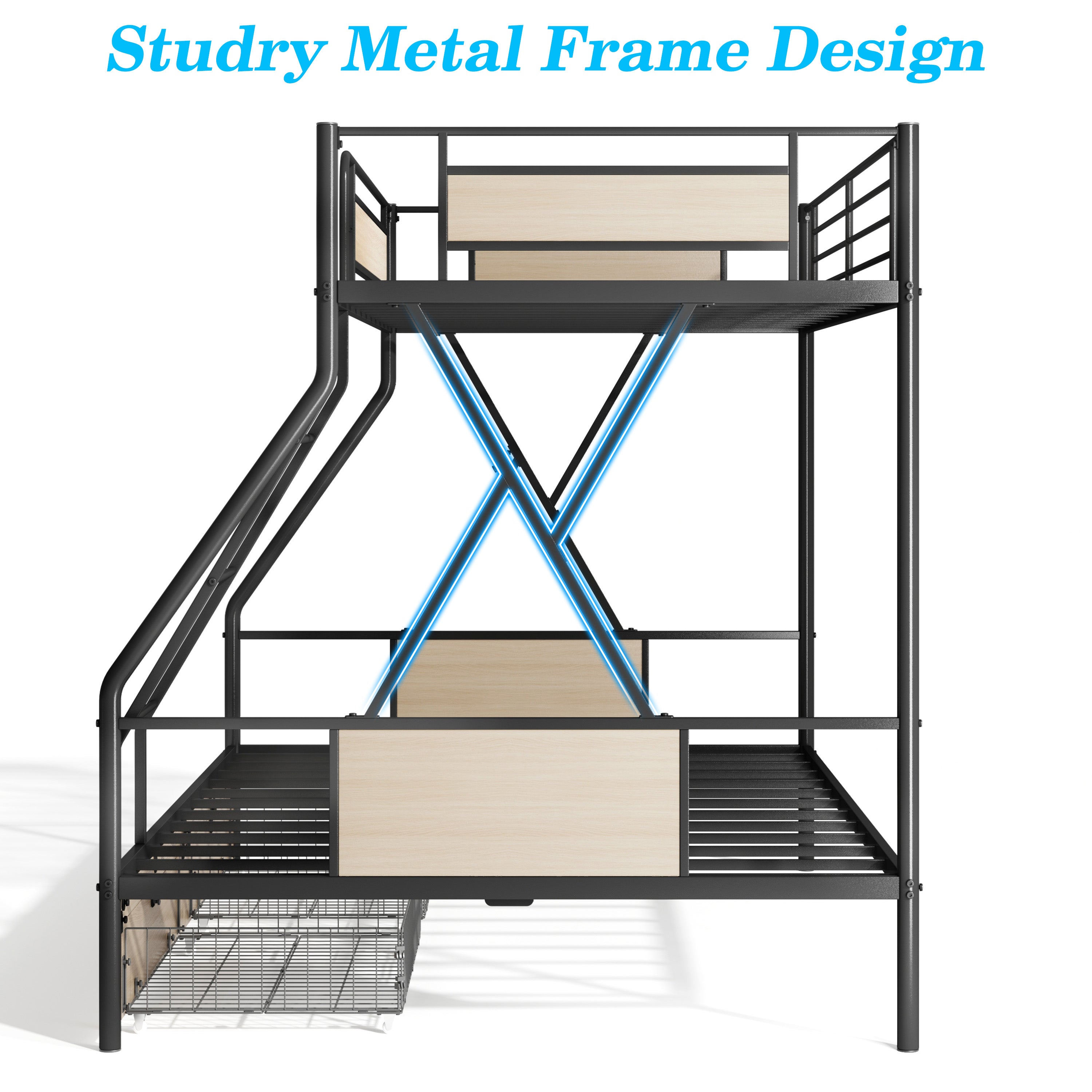 PAPROOS Bunk Bed Twin Over Full, Bunk Bed for Kids with Drawers, Ladder, Guard Rails, USB Charging Station, Metal Bunk Bed Frame for Teens Adults for Bedroom Dorm Room,No Box Spring Needed, Black