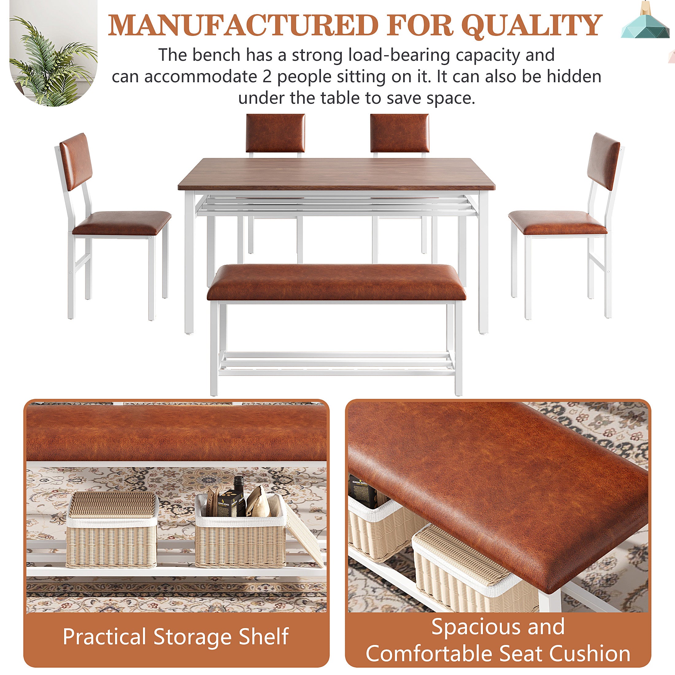 PAPROOS Dining Table Set for 6, 6 Piece Dining Room Set with Wooden Table Top, PU Leather Upholstery Chairs and Bench, Modern Dinette Sets for Big Family, Kitchen Table and Chairs Set, Rustic Brown