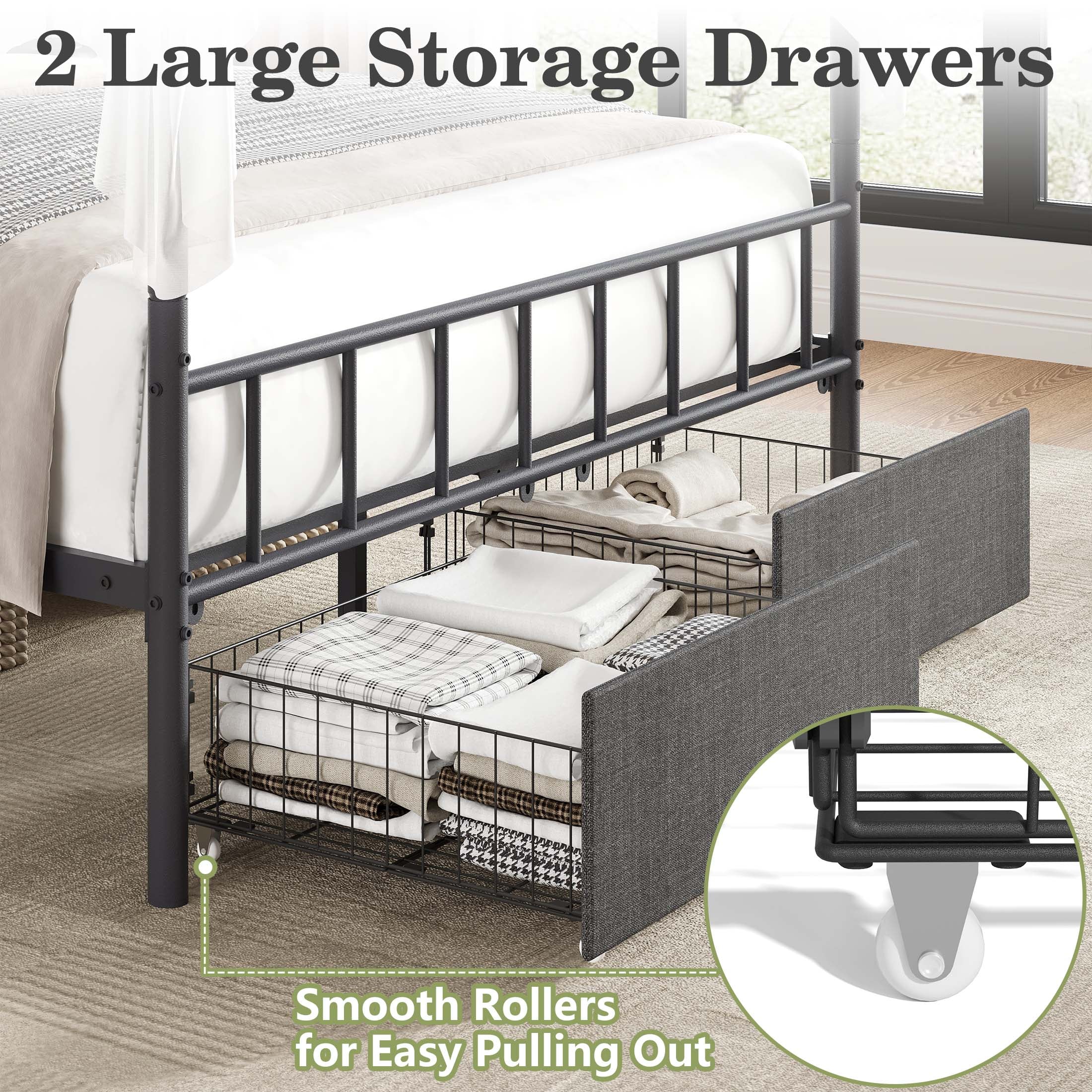 PAPROOS Full Size Canopy Bed Frame, Upholstered Bed Frame with Metal Slats, Metal Platform Bed with 2 Storage Drawers, No Box Spring Needed