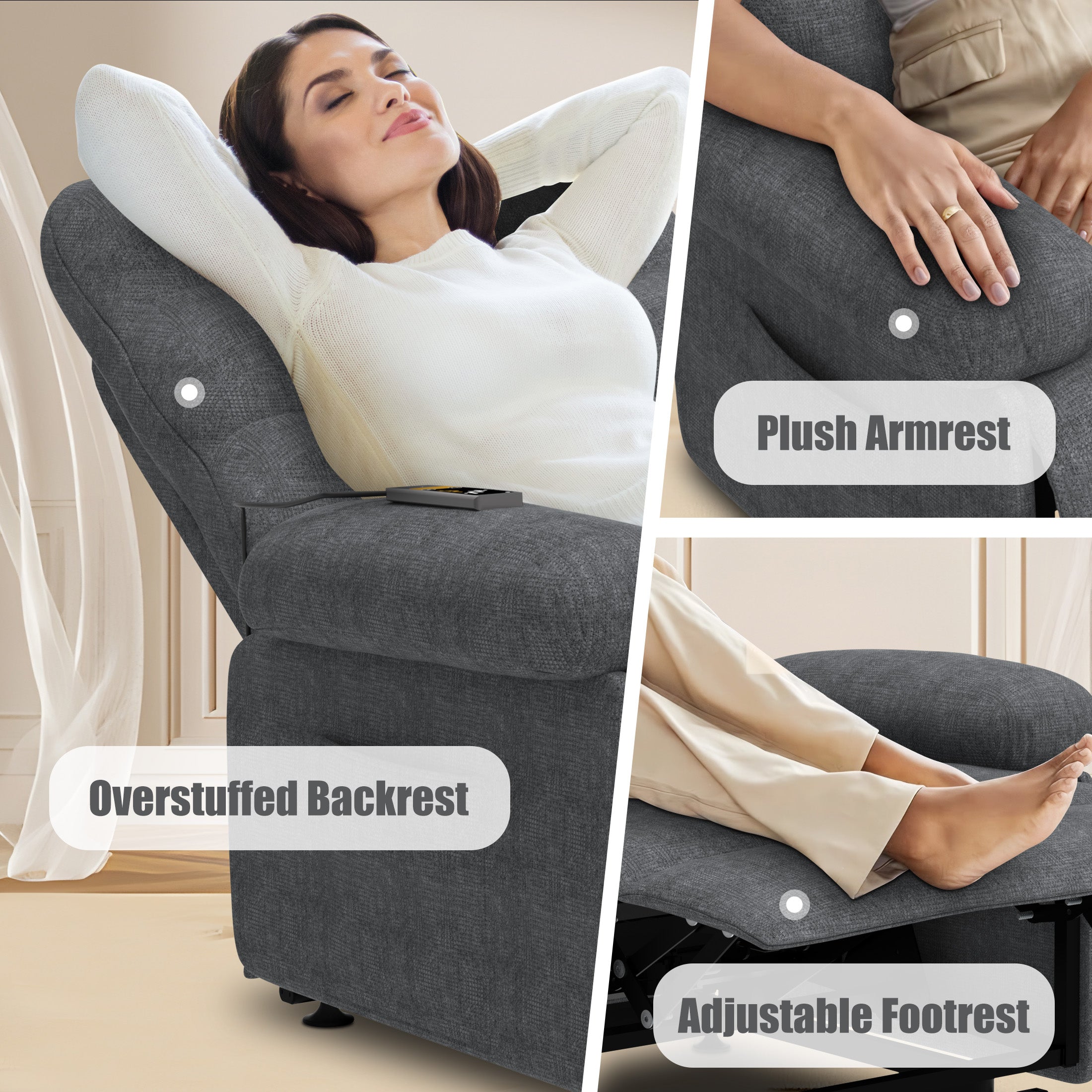 Electric Recliner Chair, PAPROOS Ergonomic Lounge Recliner with Remote Control, Side Pocket, Modern Power Recliner Sofa for Adults Elderly, Single Reclining Sofa for Living Room Home, Grey