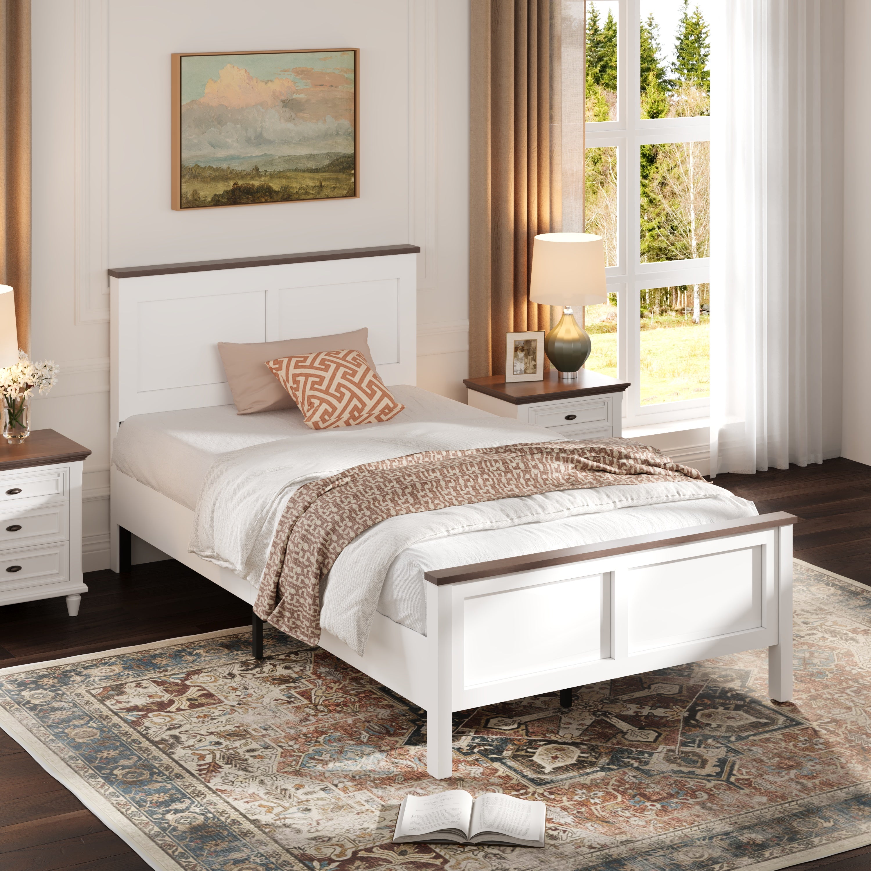PAPROOS Wooden Twin Platform Bed Frame with Headboard and Footboard