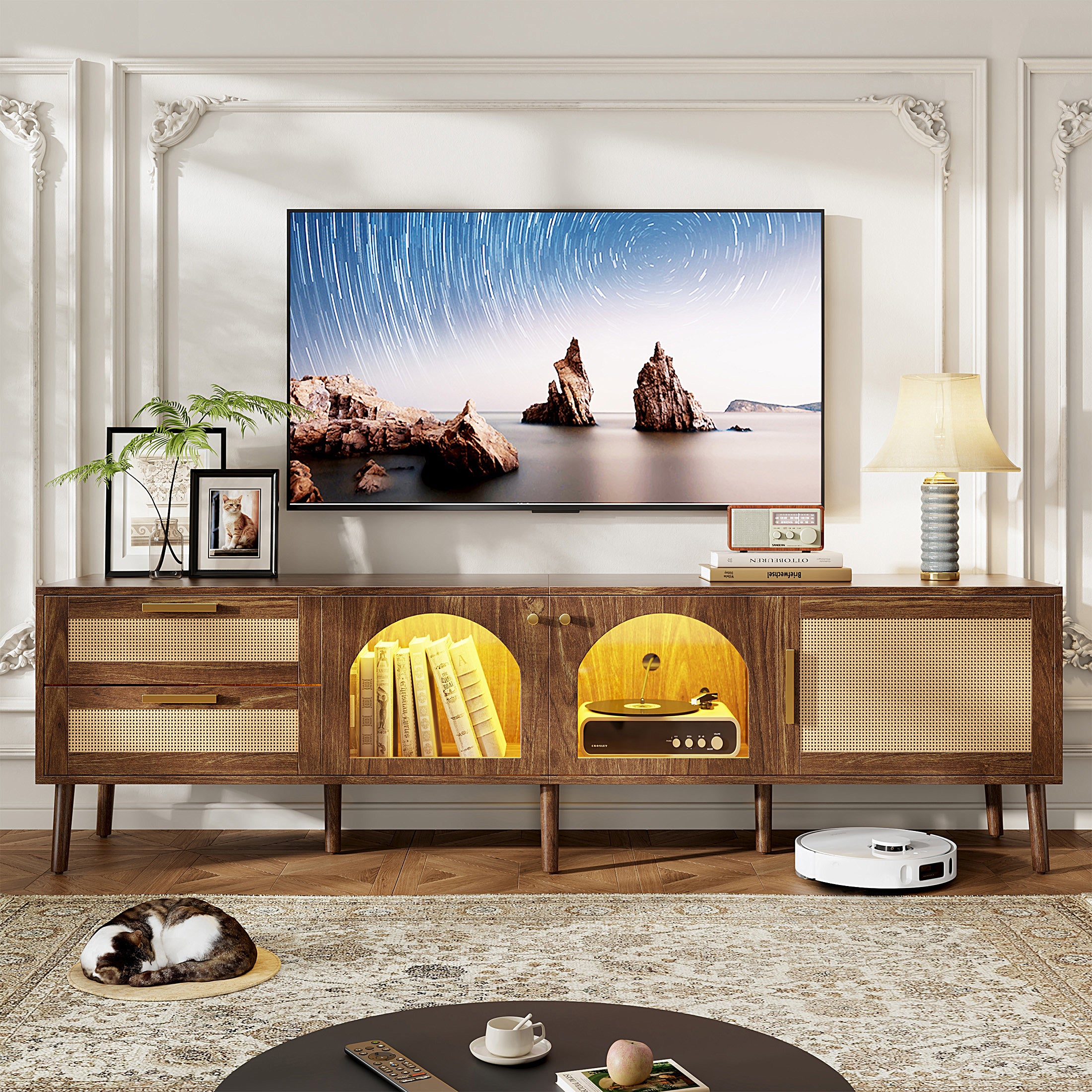LED TV Stand for TVs up to 80'' with LED Lights, 70" Large Entertainment Center with 2 Drawers and 3 Cabinets, Media Console Table for Living Room with Cable Management, Brown