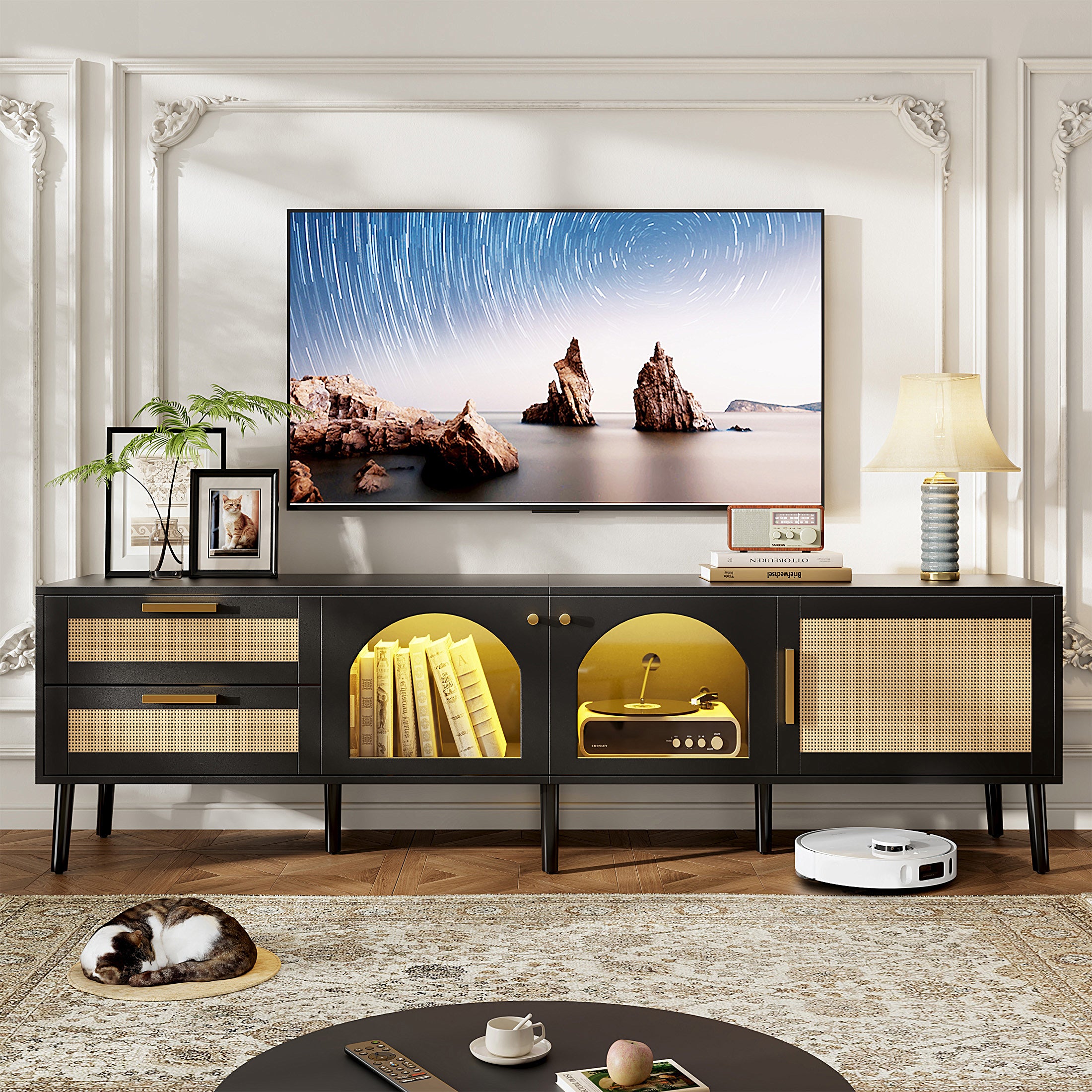 LED TV Stand for TVs up to 80'' with LED Lights, 70" Large Entertainment Center with 2 Drawers and 3 Cabinets, Media Console Table for Living Room with Cable Management, Black