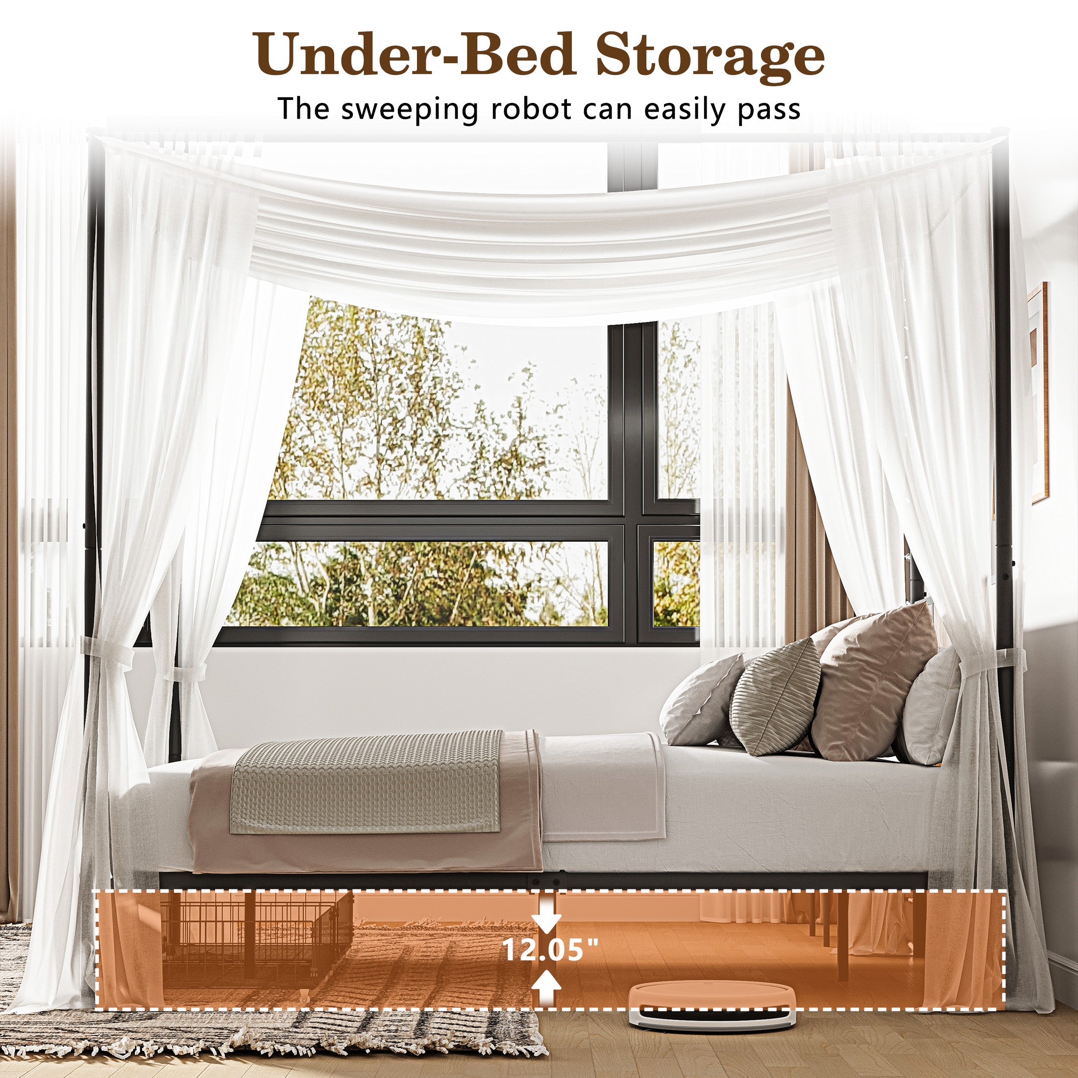 PAPROOS Full Size Canopy Bed Frame, Upholstered Bed Frame with Metal Slats, Metal Platform Bed with 2 Storage Drawers, No Box Spring Needed