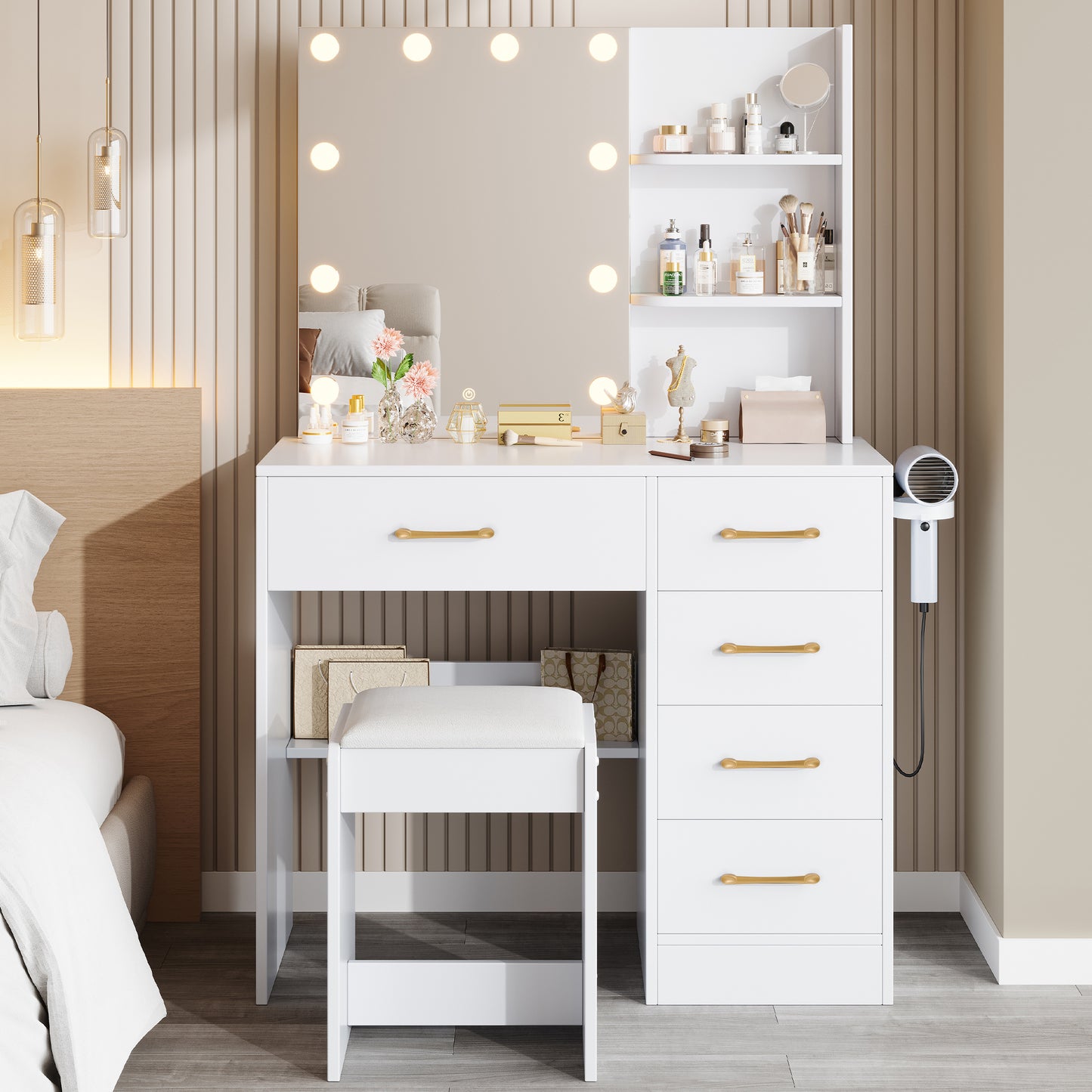 Black Vanity Set with Mirror and Light for Women, PAPROOS Small Vanity Desk with 5 Drawers, Modern Wood Makeup Table with Hair Dryer Rack and Stool