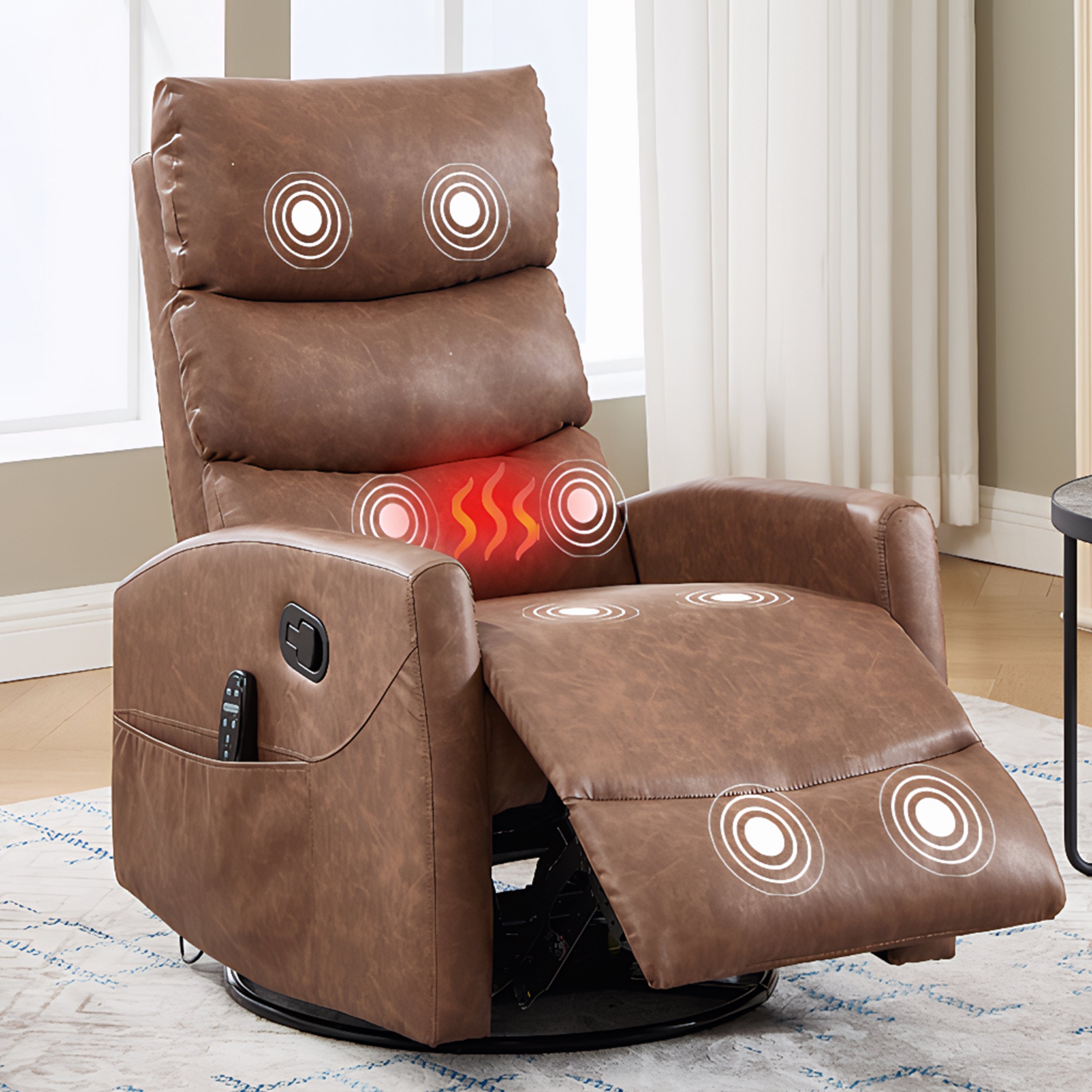 PAPROOS Rocker Recliner with Heat Therapy and Massage, PU Leather 360°Swivel Rocker Recliner, Rocking Chair for Nursery, Small Rocking Recliner, Manual Recliner for Home Theater Living Room