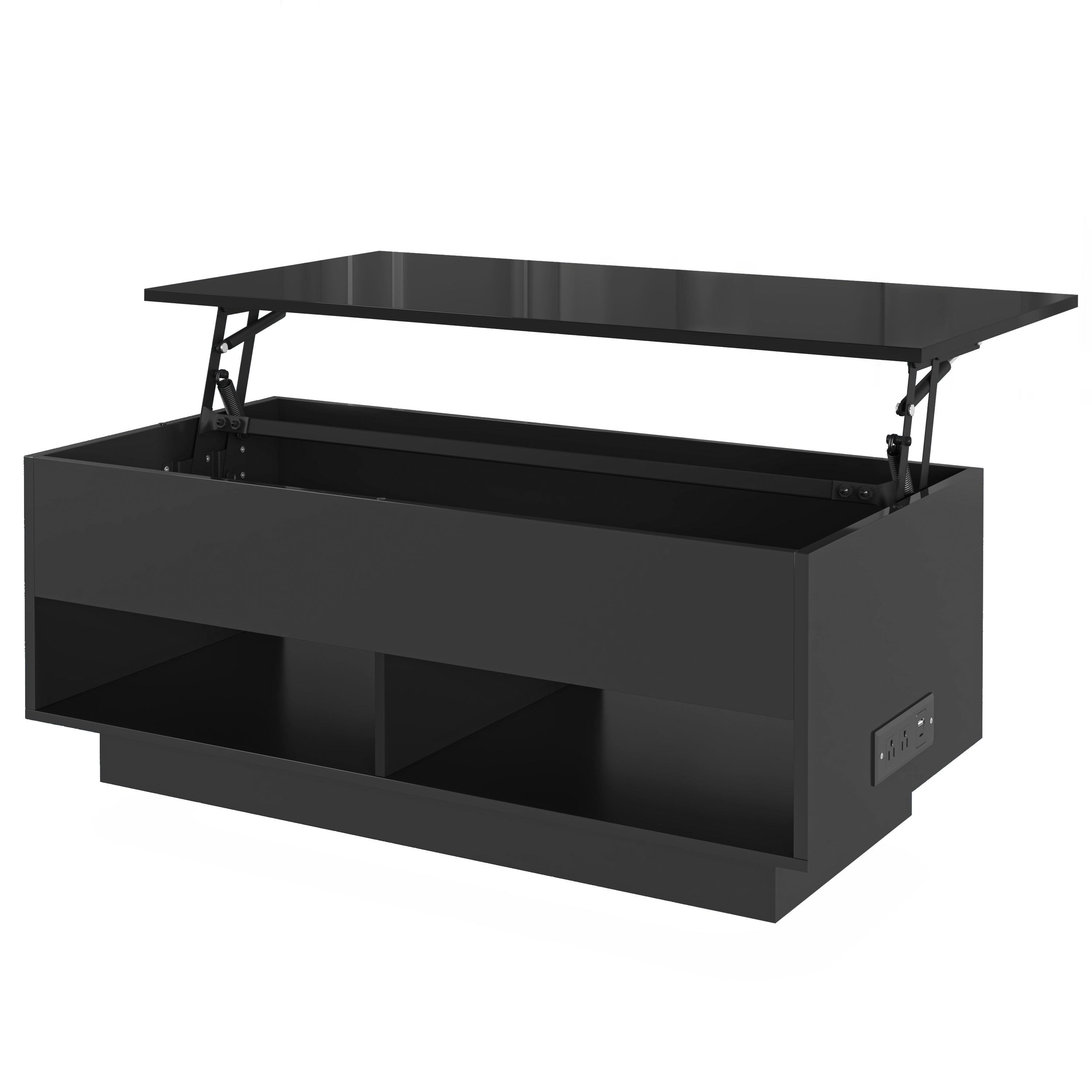 PAPROOS Lift Top Coffee Table for Living Room, Modern Coffee Table with APP Control LED Light and Charging Station, High Gloss Coffee Table with Hidden Storage and Storage Shelves, Black