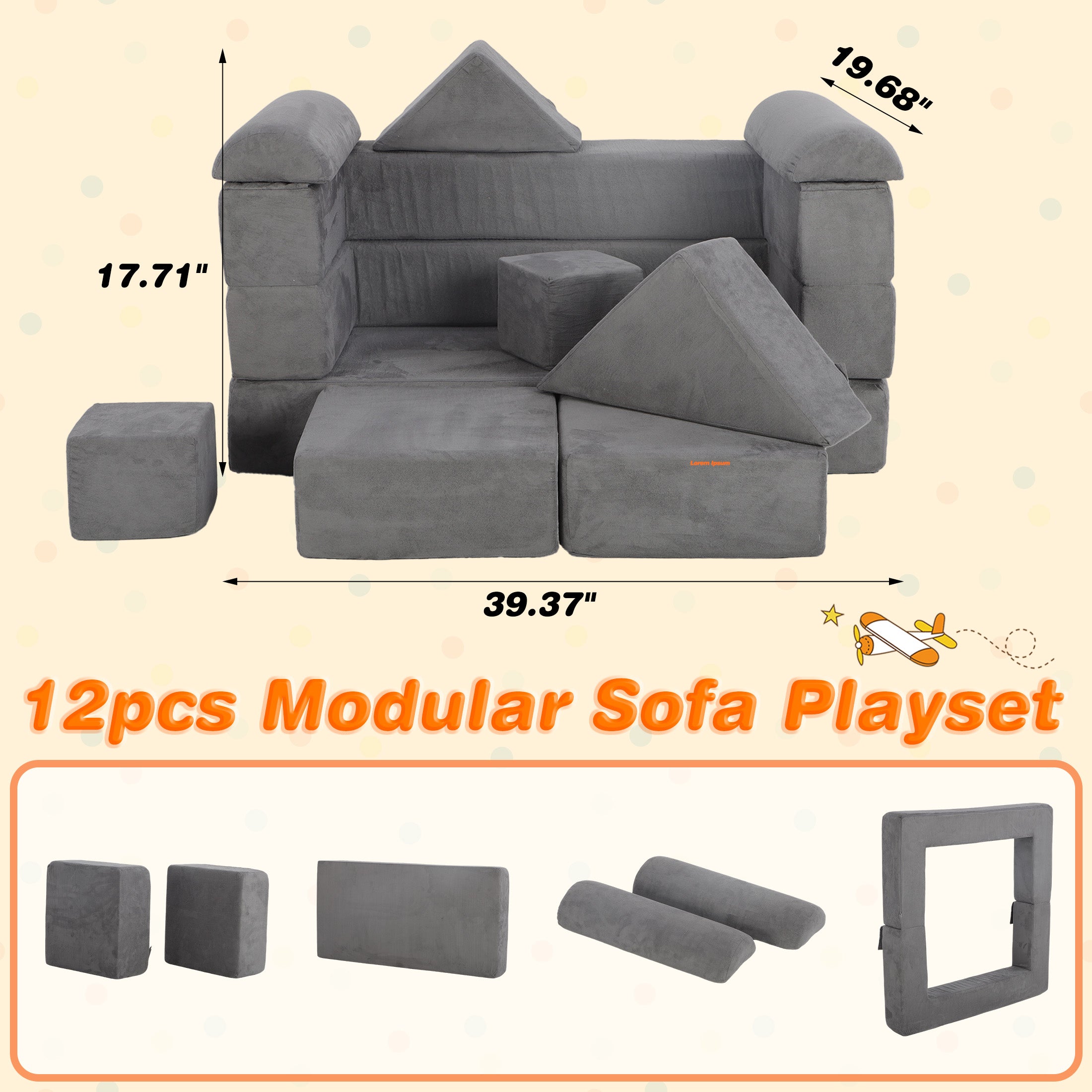 HSUNNS 12 PCS Modular Kids Couch for Kids, Modular Sponge Kids Couch for Playroom and Living Room, Indoor Kids Sofa Play Set, CPC Certificate, Gray