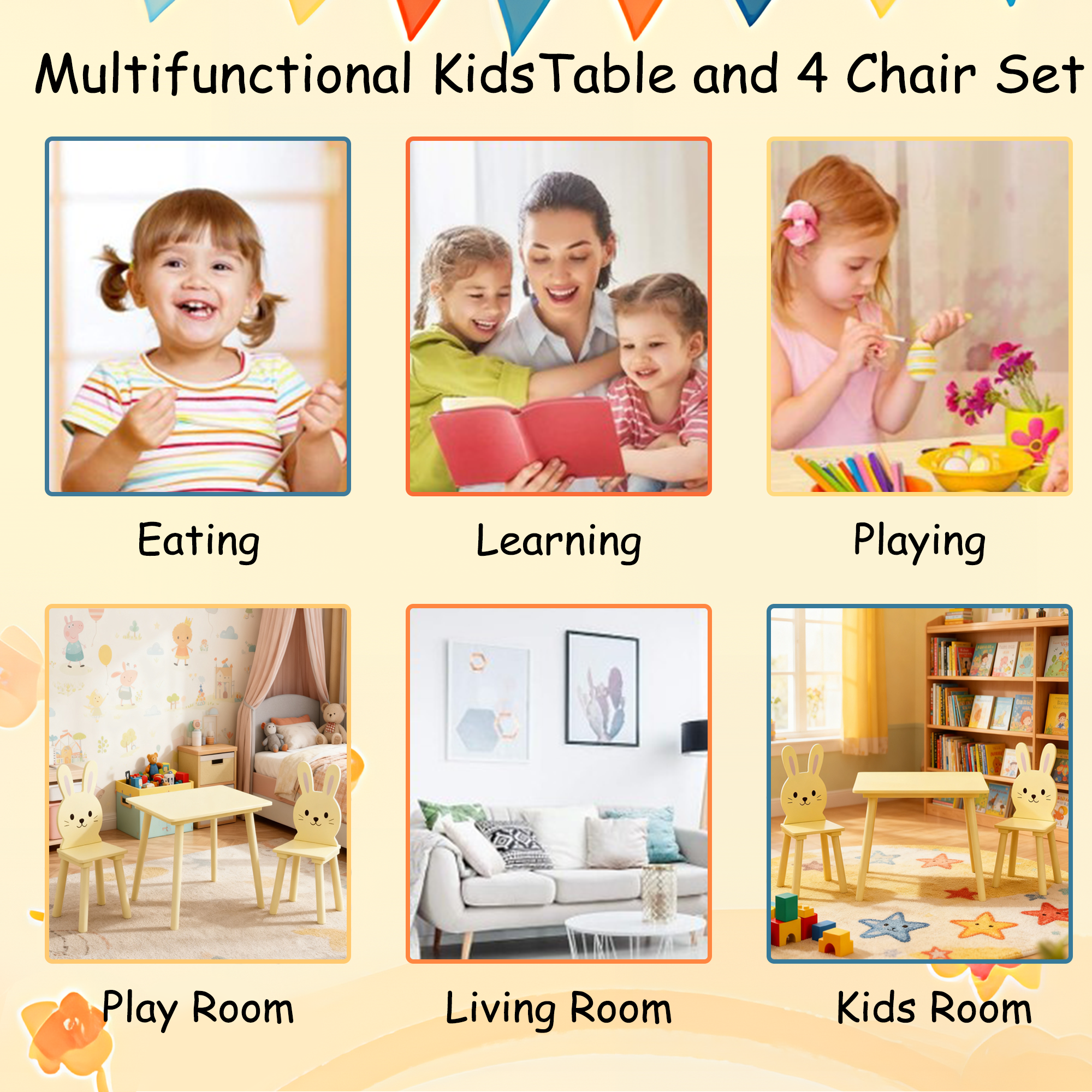 Kids Table and 2 Chairs Se, PAPROOS 3-Piece Wooden Table and Chairs Set for Toddler, Activity Table Play Table Study Table, Cream Yellow Bunny Cute Table Set for Playroom, Classroom
