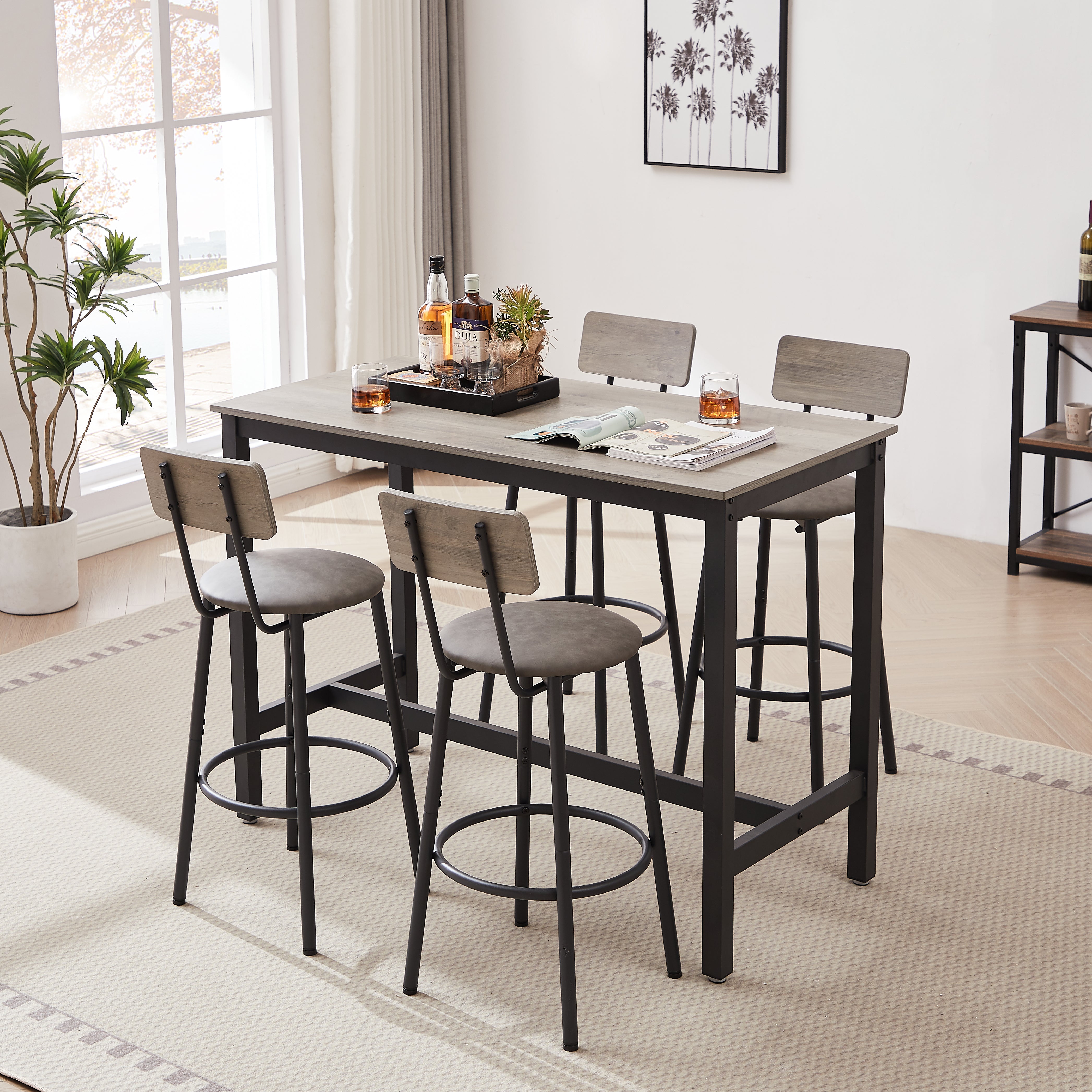 Counter Height Dining Set for 4, 5 Piece Dining Room Set with 4 Stools, Modern Dinette Set for 4, Pub Dining Table & Chairs Set for 4 Persons, Bar Dining Room Set for Small Spaces, White