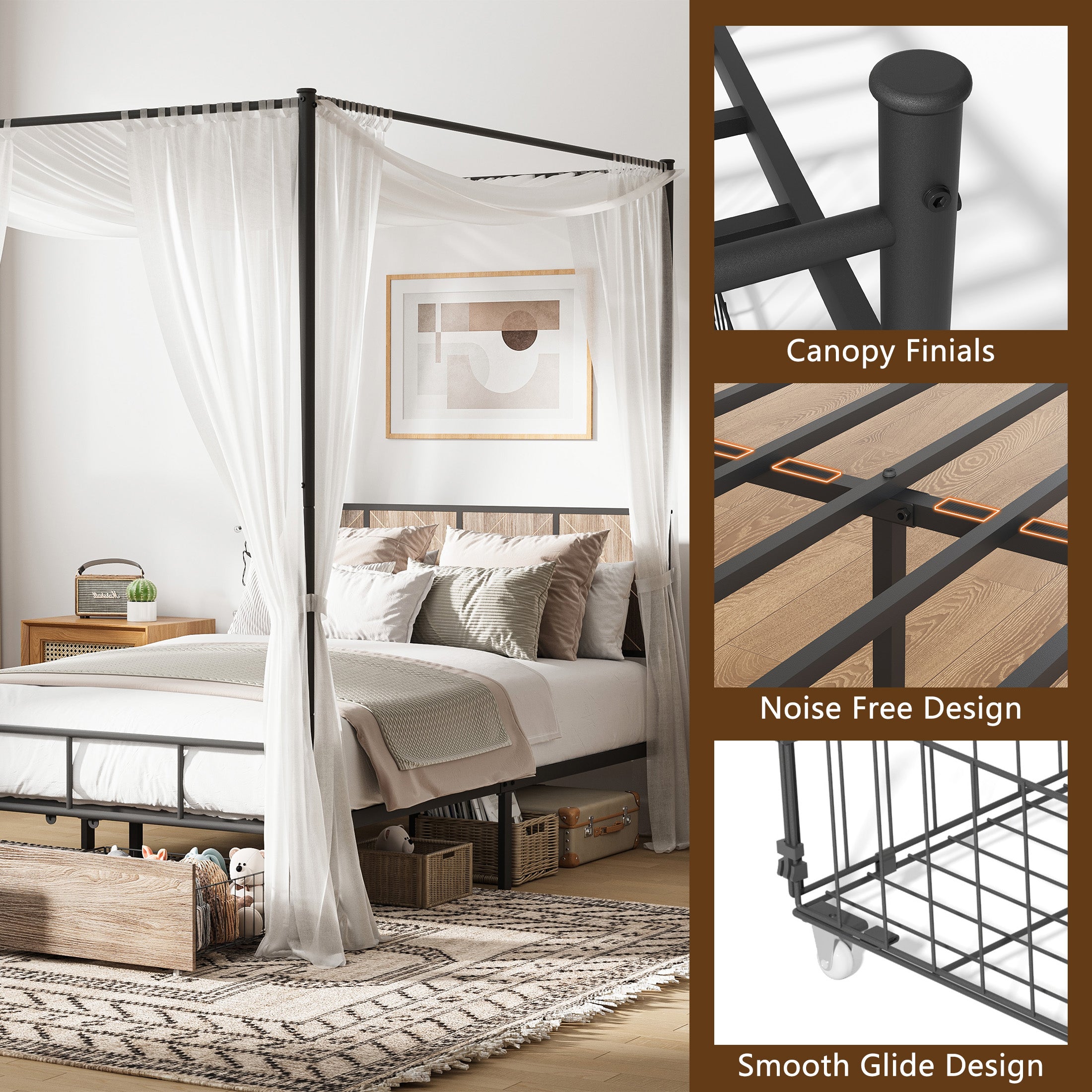 PAPROOS Full Size Canopy Bed Frame, Upholstered Bed Frame with Metal Slats, Metal Platform Bed with 2 Storage Drawers, No Box Spring Needed