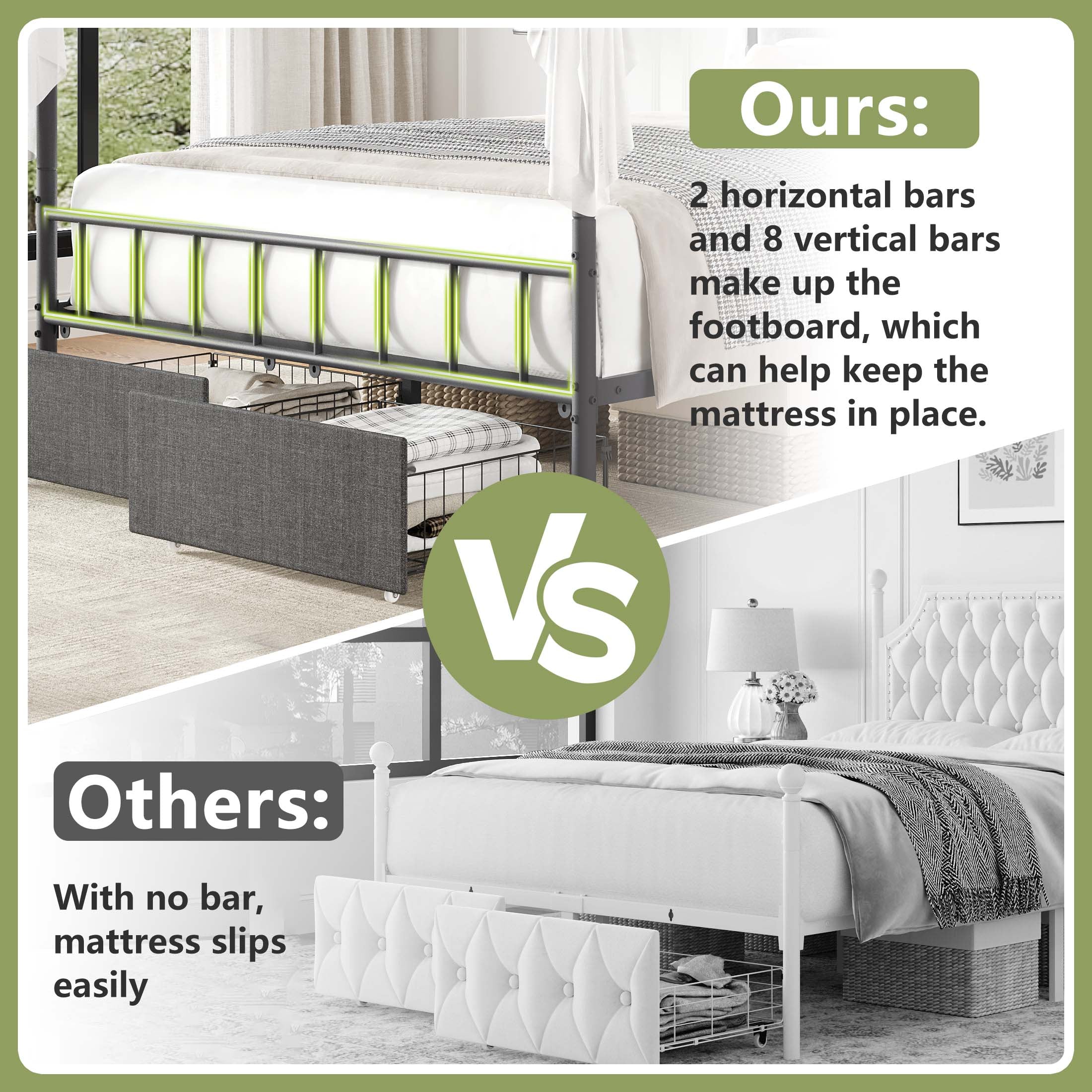 PAPROOS Full Size Canopy Bed Frame, Upholstered Bed Frame with Metal Slats, Metal Platform Bed with 2 Storage Drawers, No Box Spring Needed