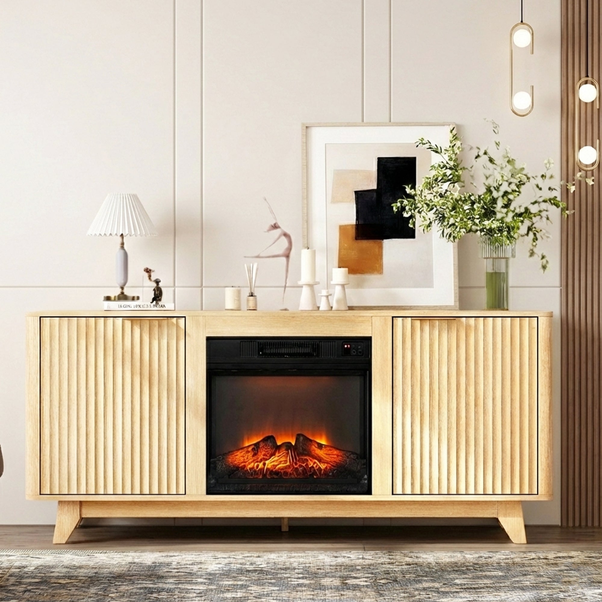 PAPROOS Fireplace TV Stand for TVs up to 70", Farmhouse TV Console with 26" Electric Fireplace, Entertainment Center with Sliding Barn Doors & Storage Cabinets & Adjustable Shelves, Weathered Wood