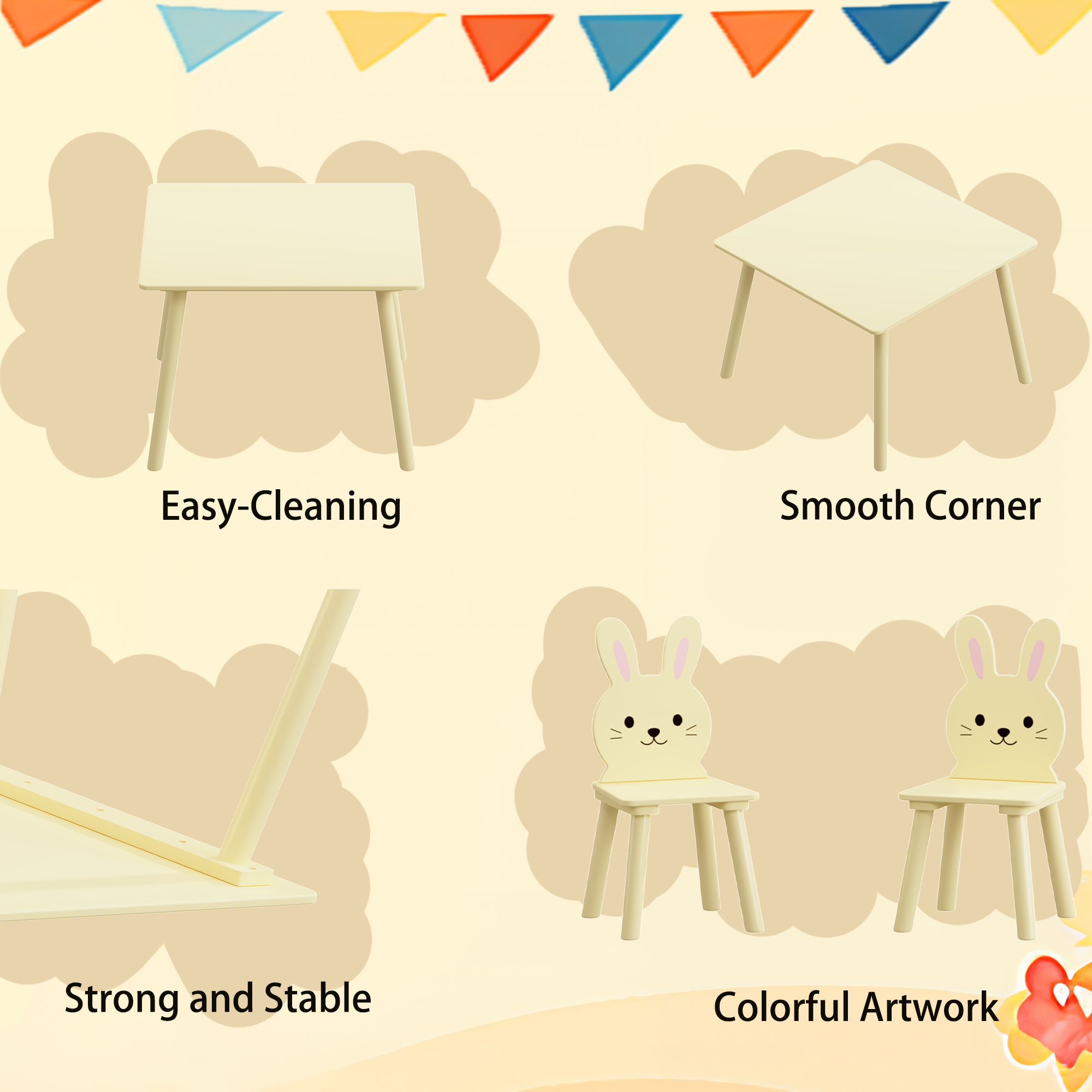 Kids Table and 2 Chairs Se, PAPROOS 3-Piece Wooden Table and Chairs Set for Toddler, Activity Table Play Table Study Table, Cream Yellow Bunny Cute Table Set for Playroom, Classroom