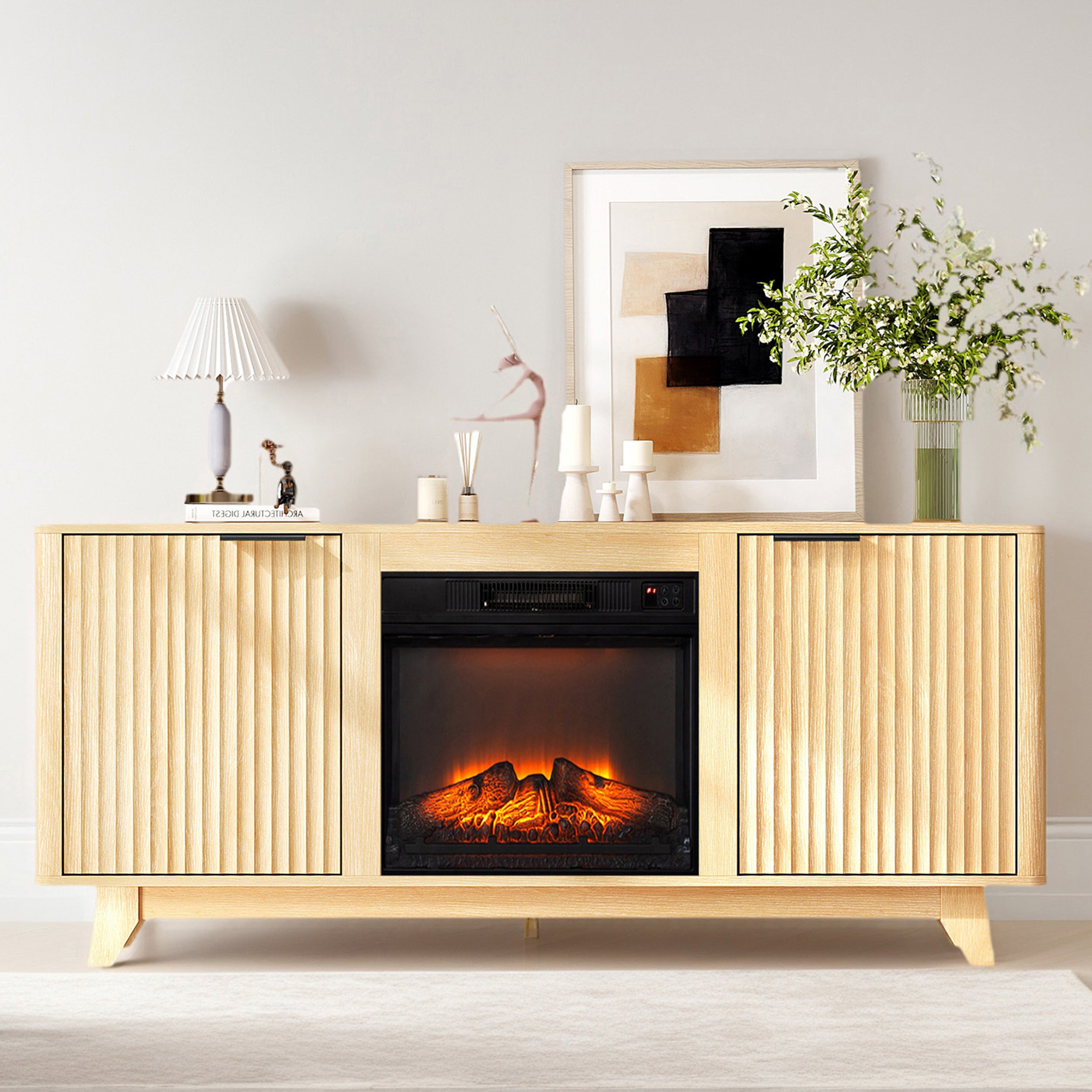 PAPROOS Fireplace TV Stand for TVs up to 70", Farmhouse TV Console with 26" Electric Fireplace, Entertainment Center with Sliding Barn Doors & Storage Cabinets & Adjustable Shelves, Weathered Wood