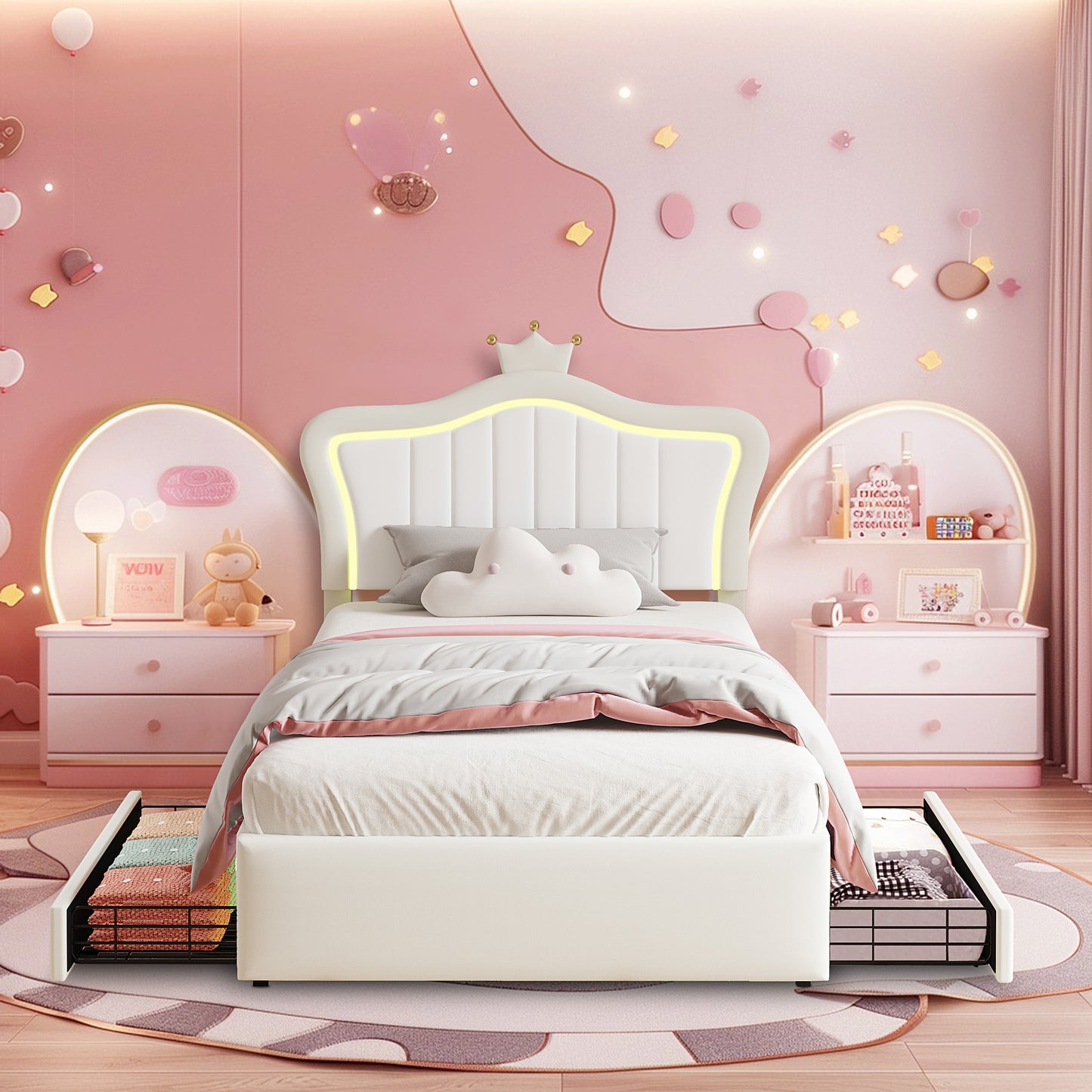 Twin Size Led Bed with Drawers, Upholstered Twin Bed Frame with Adjustable Headboard, Cute Pink Princess Bed with Crown Design for Girls, LED Twin Frame with Storage