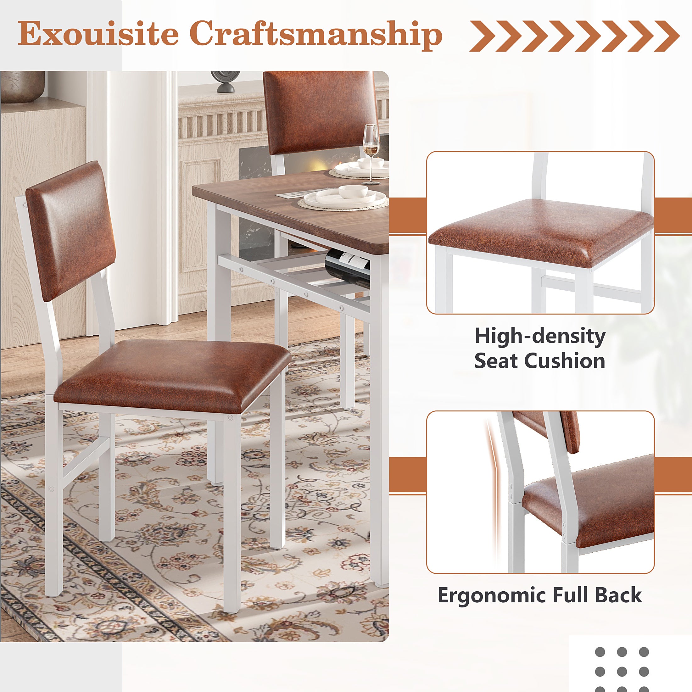 PAPROOS Dining Table Set for 6, 6 Piece Dining Room Set with Wooden Table Top, PU Leather Upholstery Chairs and Bench, Modern Dinette Sets for Big Family, Kitchen Table and Chairs Set, Rustic Brown