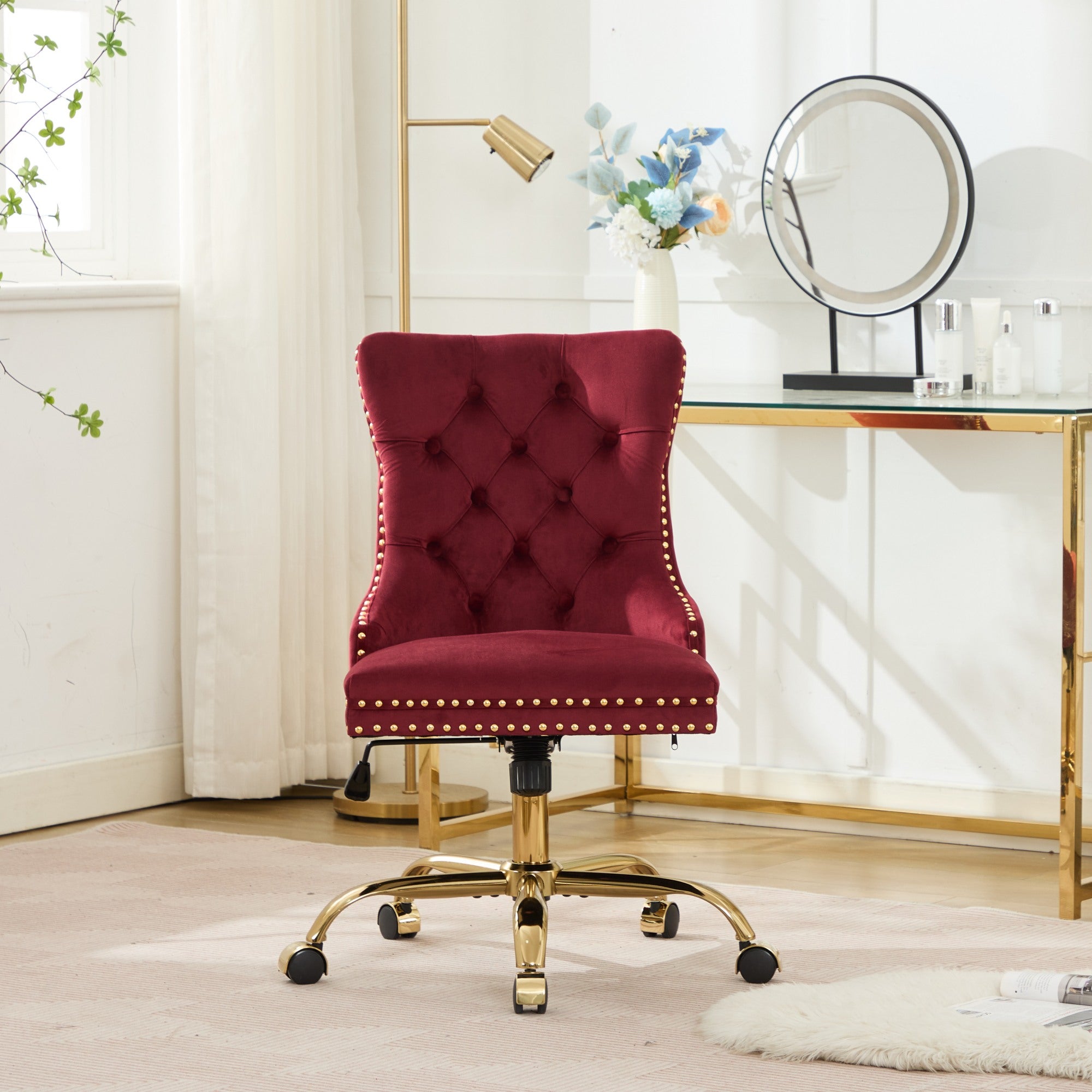 PAPROOS Vanity Chair, Swivel Home Office Chair, Ergonomic Home Desk Chair with Golden Metal Base, Adjustable Height, Velvet Upholstered Tufted Button Task Chair, Beige