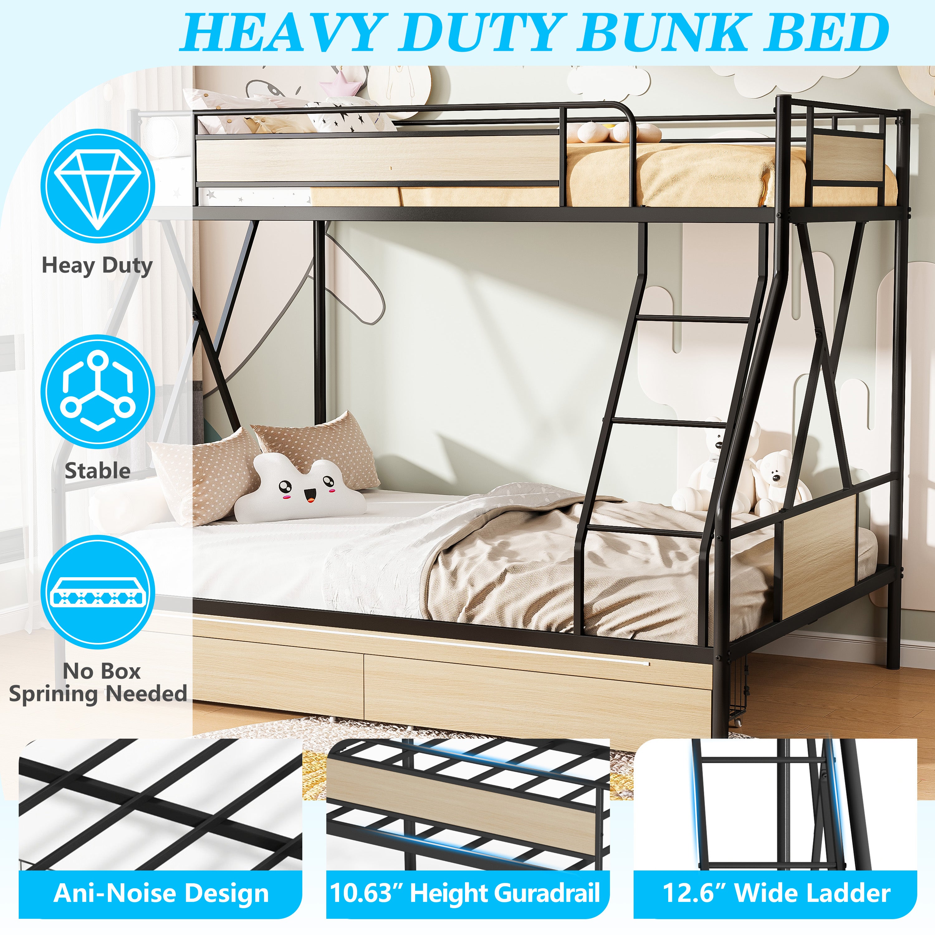 PAPROOS Bunk Bed Twin Over Full, Bunk Bed for Kids with Drawers, Ladder, Guard Rails, USB Charging Station, Metal Bunk Bed Frame for Teens Adults for Bedroom Dorm Room,No Box Spring Needed, Black
