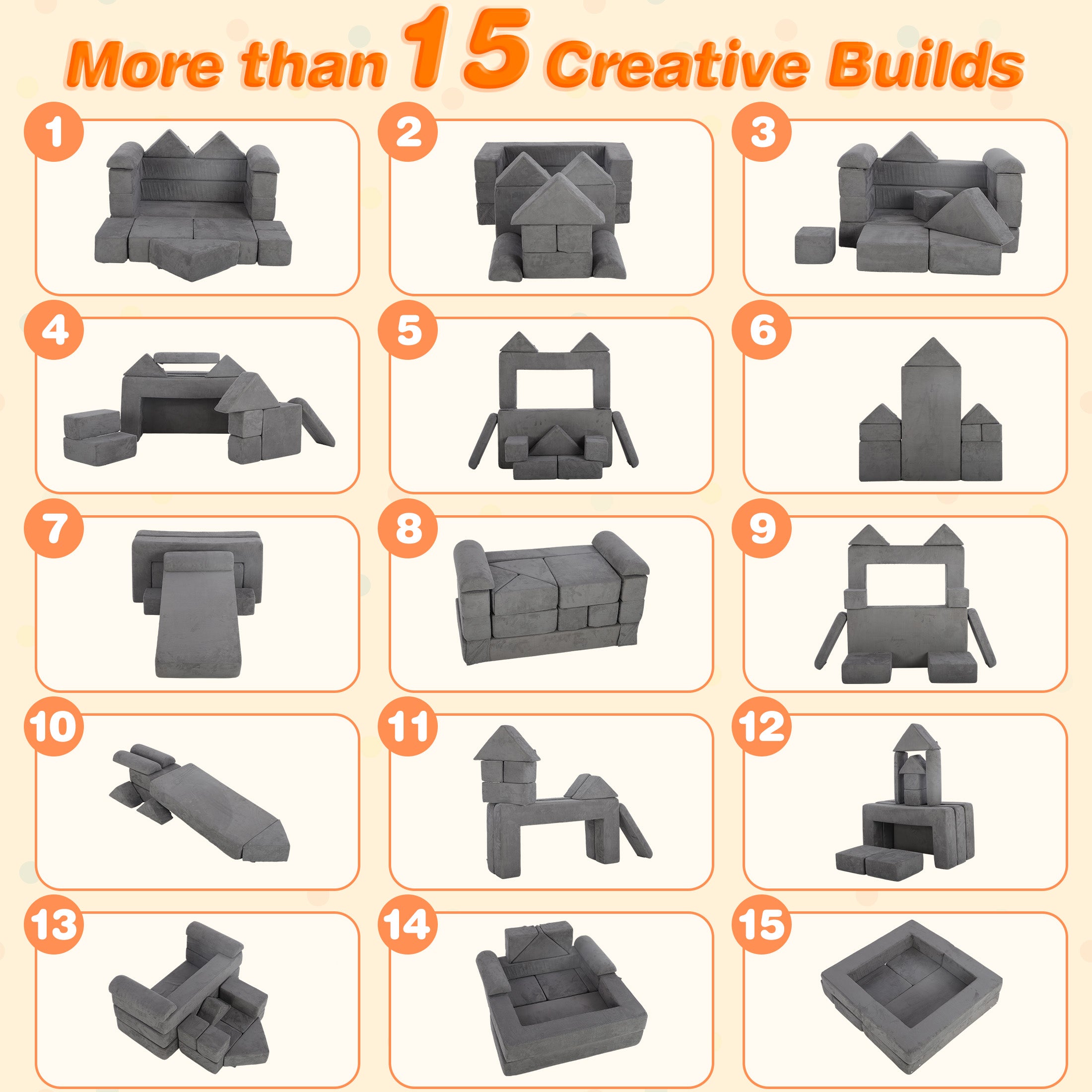 HSUNNS 12 PCS Modular Kids Couch for Kids, Modular Sponge Kids Couch for Playroom and Living Room, Indoor Kids Sofa Play Set, CPC Certificate, Gray