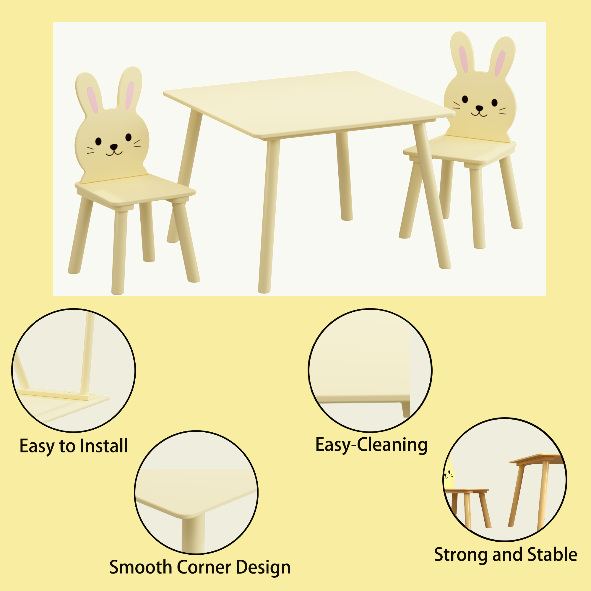 Kids Table and 2 Chairs Se, PAPROOS 3-Piece Wooden Table and Chairs Set for Toddler, Activity Table Play Table Study Table, Cream Yellow Bunny Cute Table Set for Playroom, Classroom