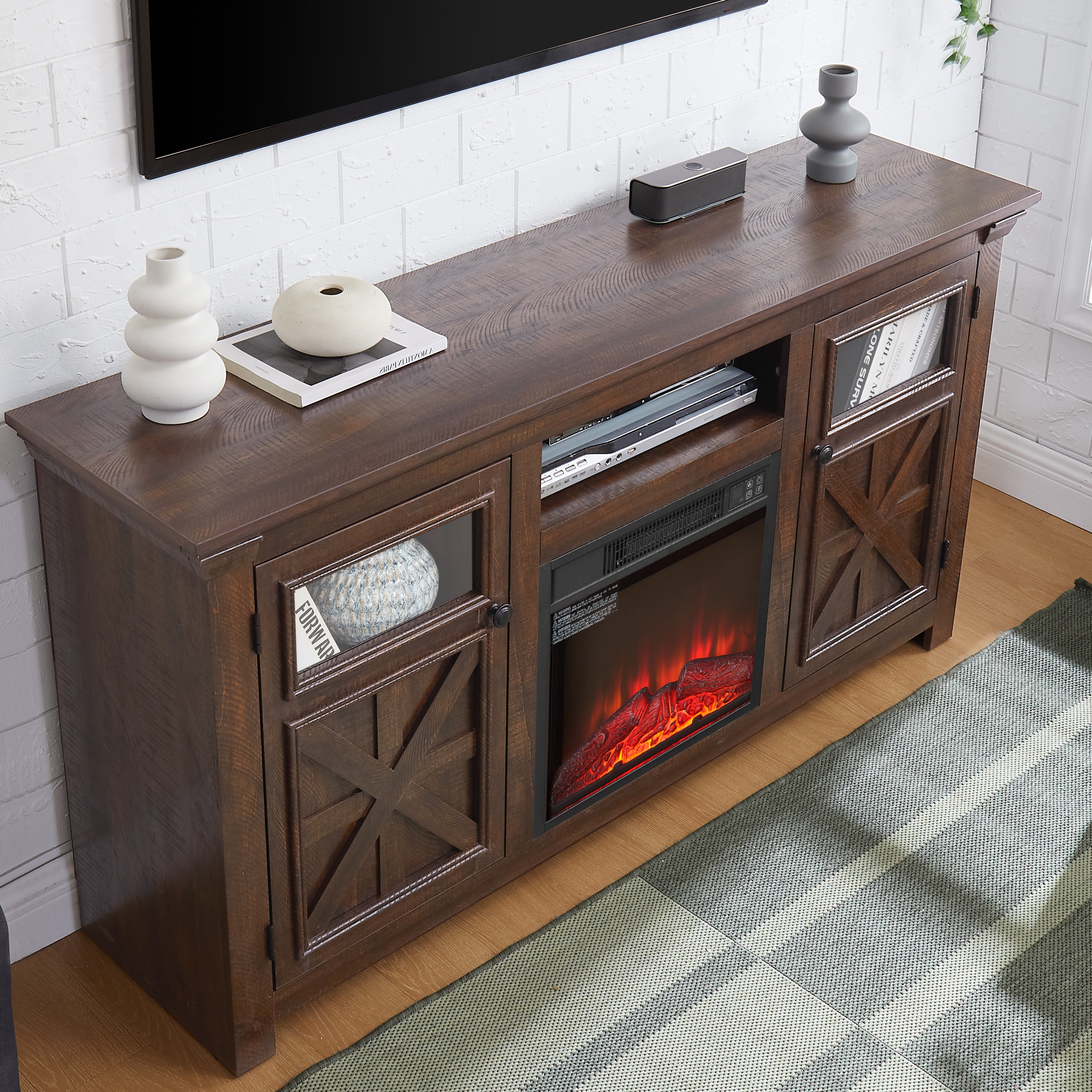 Fireplace TV Stand for 65 Inch TV, 1400w Farmhouse Electric TV Stand with Fireplace, Fireplace Entertainment Center with Remote Control for Living Room, Brown